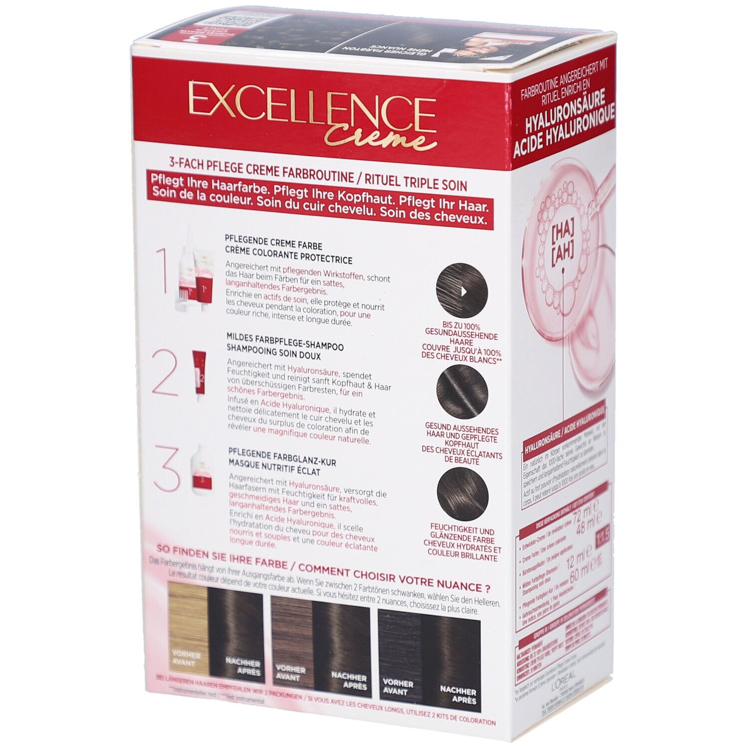 Emballage L'Oréal Paris Excellence Crème. Dos avec exemples d'application. 3 Châtain foncé. Crème, shampooing, masque.