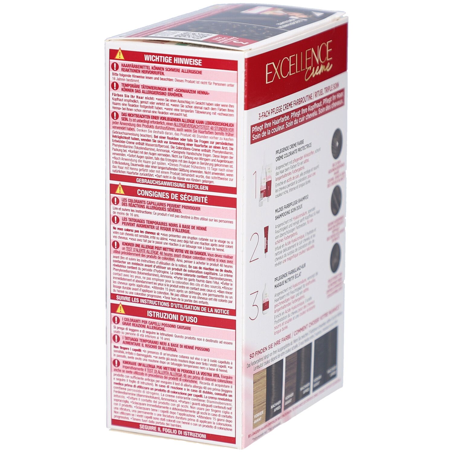 Emballage L'Oréal Paris Excellence Crème. Côté avec instructions et avertissements. 3 Châtain foncé. Crème, shampooing, masque.