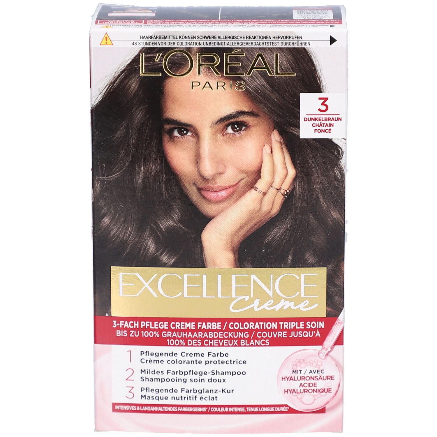 L'Oréal Paris Excellence Crème. Boîte avec femme aux cheveux bruns. 3 Châtain foncé. Crème, shampooing, masque.