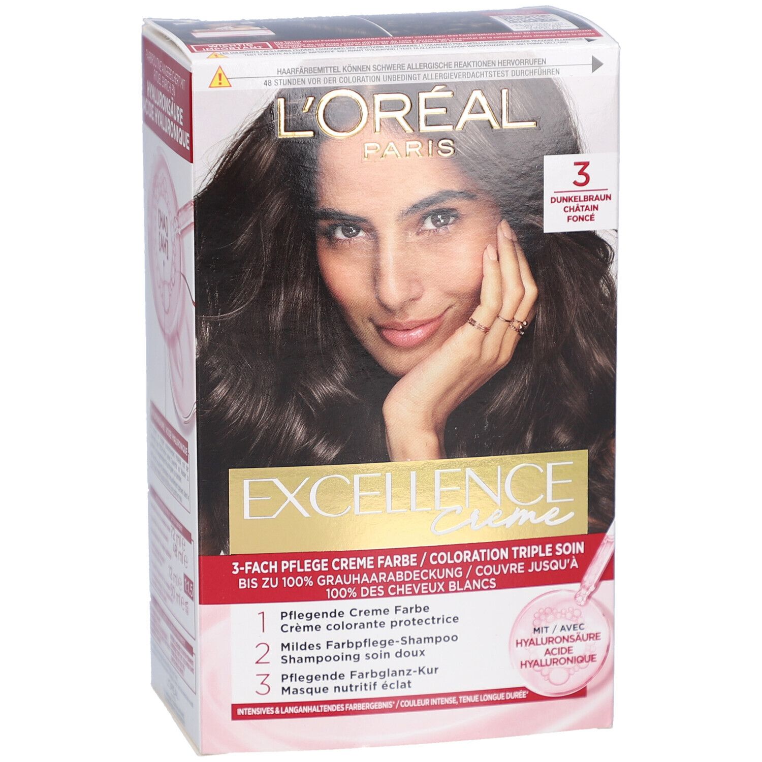 L'Oréal Paris Excellence Crème. Boîte avec femme aux cheveux bruns. 3 Châtain foncé. Crème, shampooing, masque.