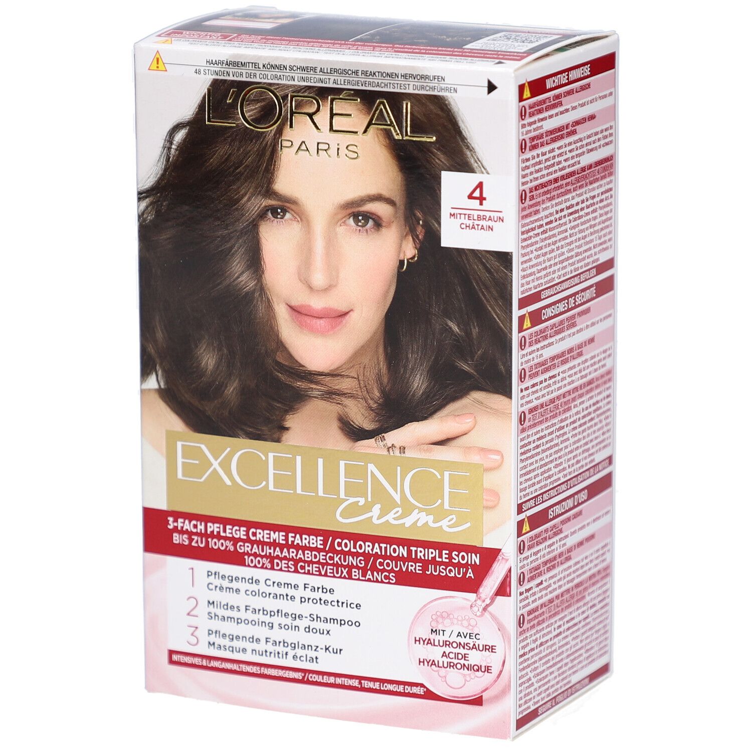 Boîte L'Oréal Paris Excellence Crème. Femme aux cheveux bruns. Teinte 4 Châtain moyen. Triple soin.