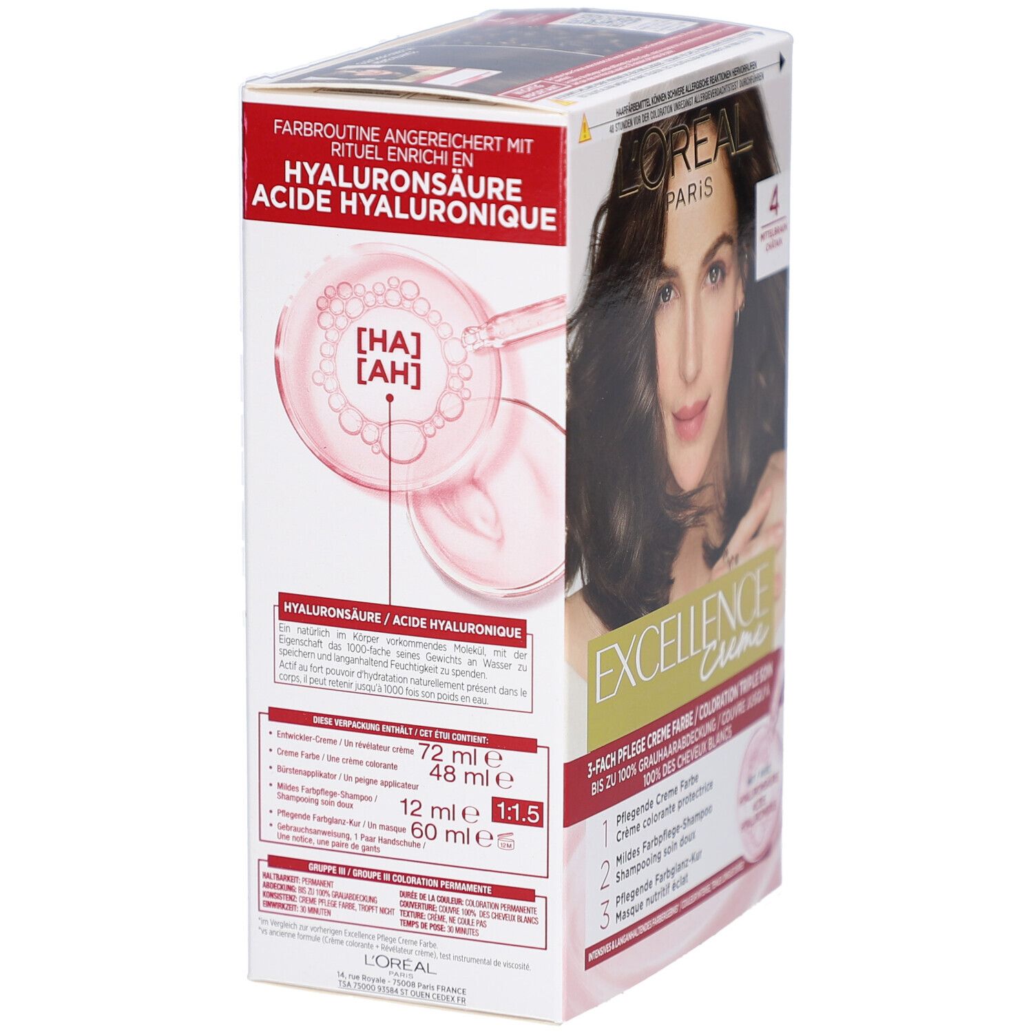 Dos de la boîte L'Oréal Paris Excellence Crème. Contient de l'acide hyaluronique. Informations et ingrédients.