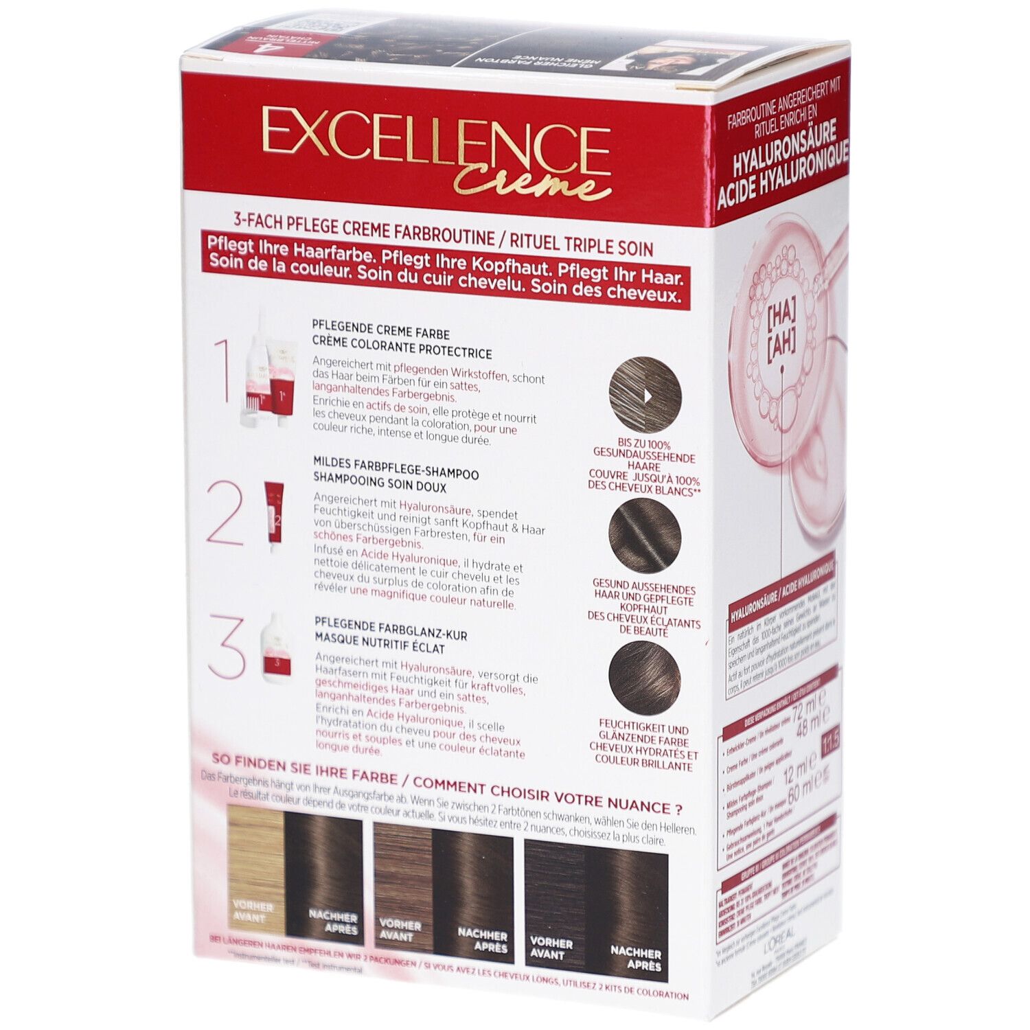 Boîte L'Oréal Paris Excellence Crème. Informations et instructions d'utilisation. Teinte 4.