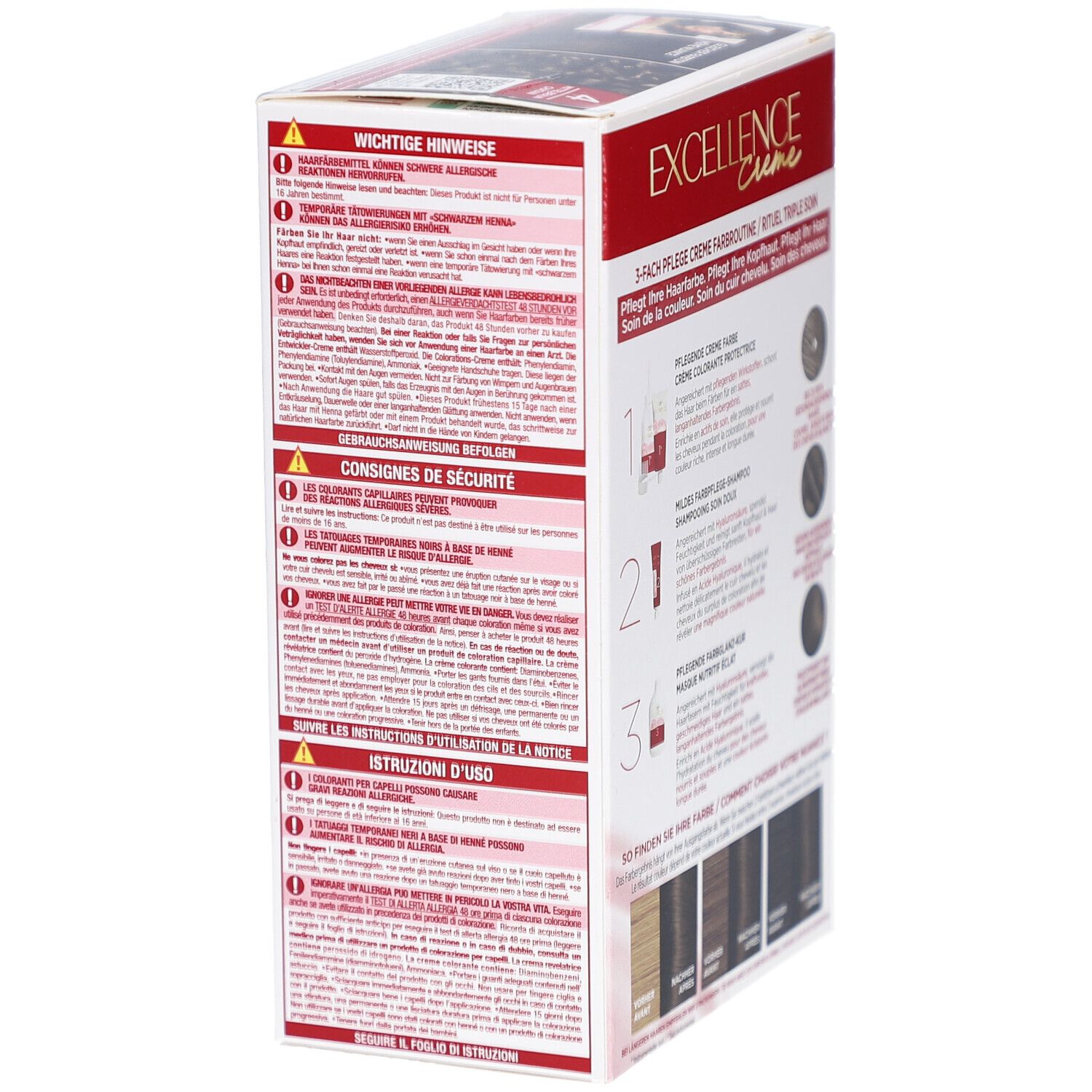 Boîte L'Oréal Paris Excellence Crème. Avertissements et consignes de sécurité. Teinte 4.