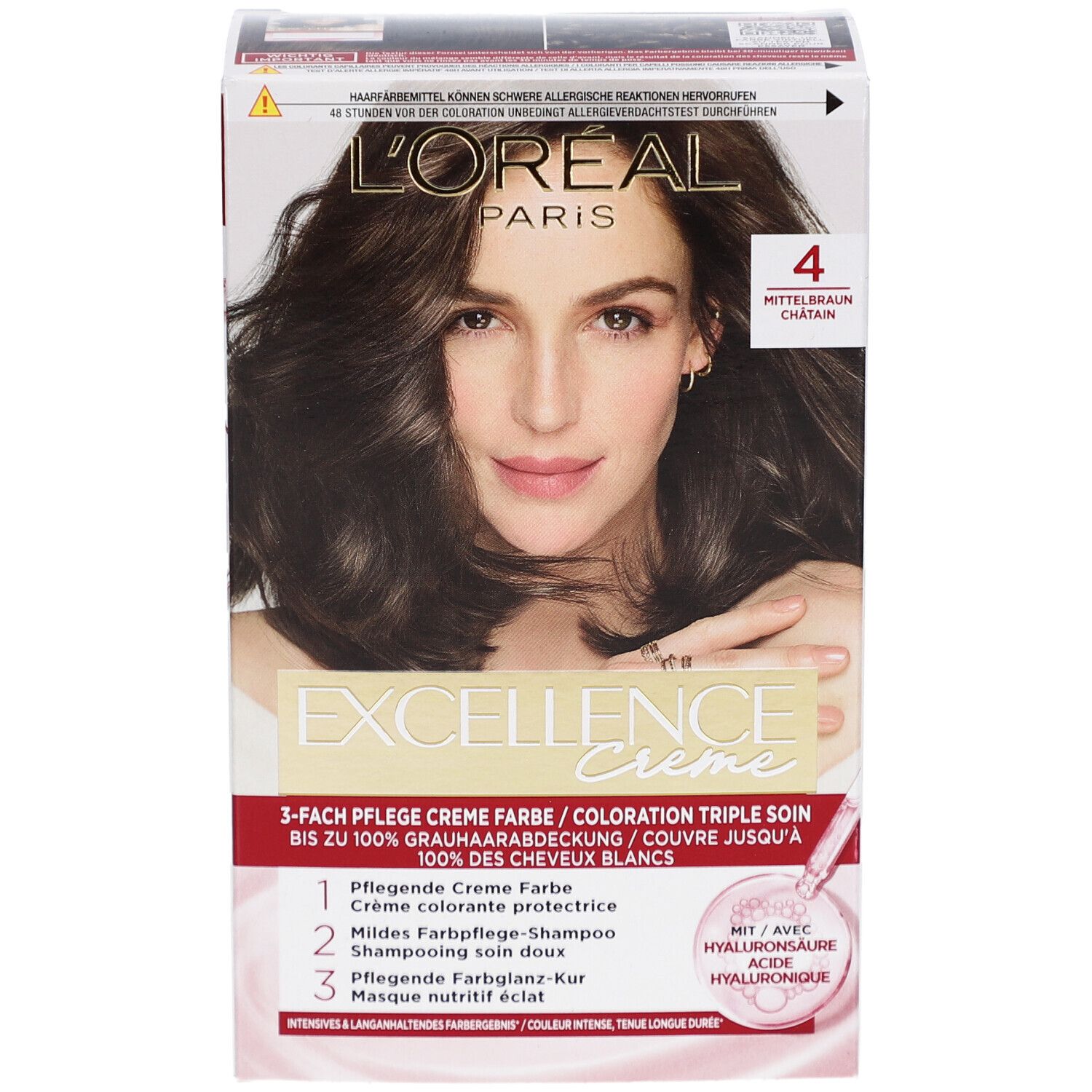 Boîte L'Oréal Paris Excellence Crème. Femme aux cheveux bruns. Teinte 4 Châtain moyen. Triple soin.