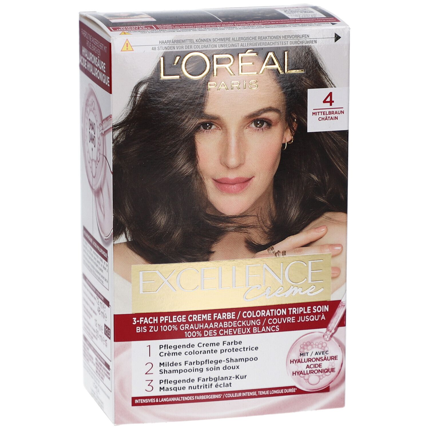Boîte L'Oréal Paris Excellence Crème. Femme aux cheveux bruns. Teinte 4 Châtain moyen. Triple soin.