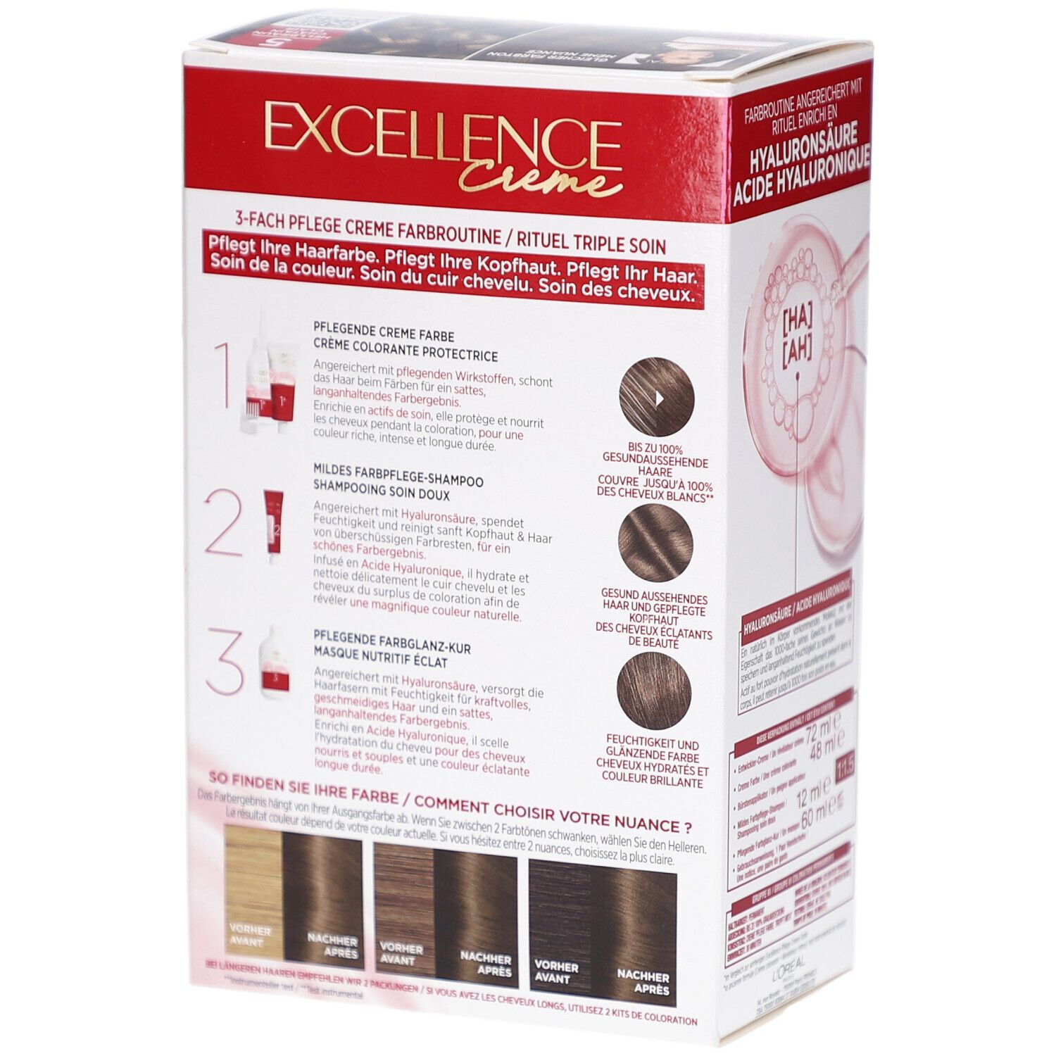 Dos de la boîte L'Oréal Paris Excellence Crème. Caractéristiques du produit et sélection de couleurs. Triple soin.