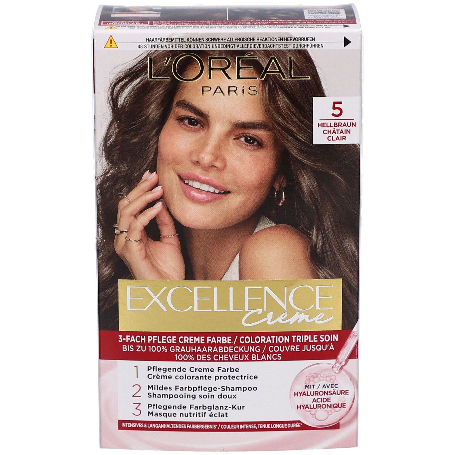 Boîte L'Oréal Paris Excellence Crème. Femme avec résultat. Teinte 5, Châtain clair. Triple soin.