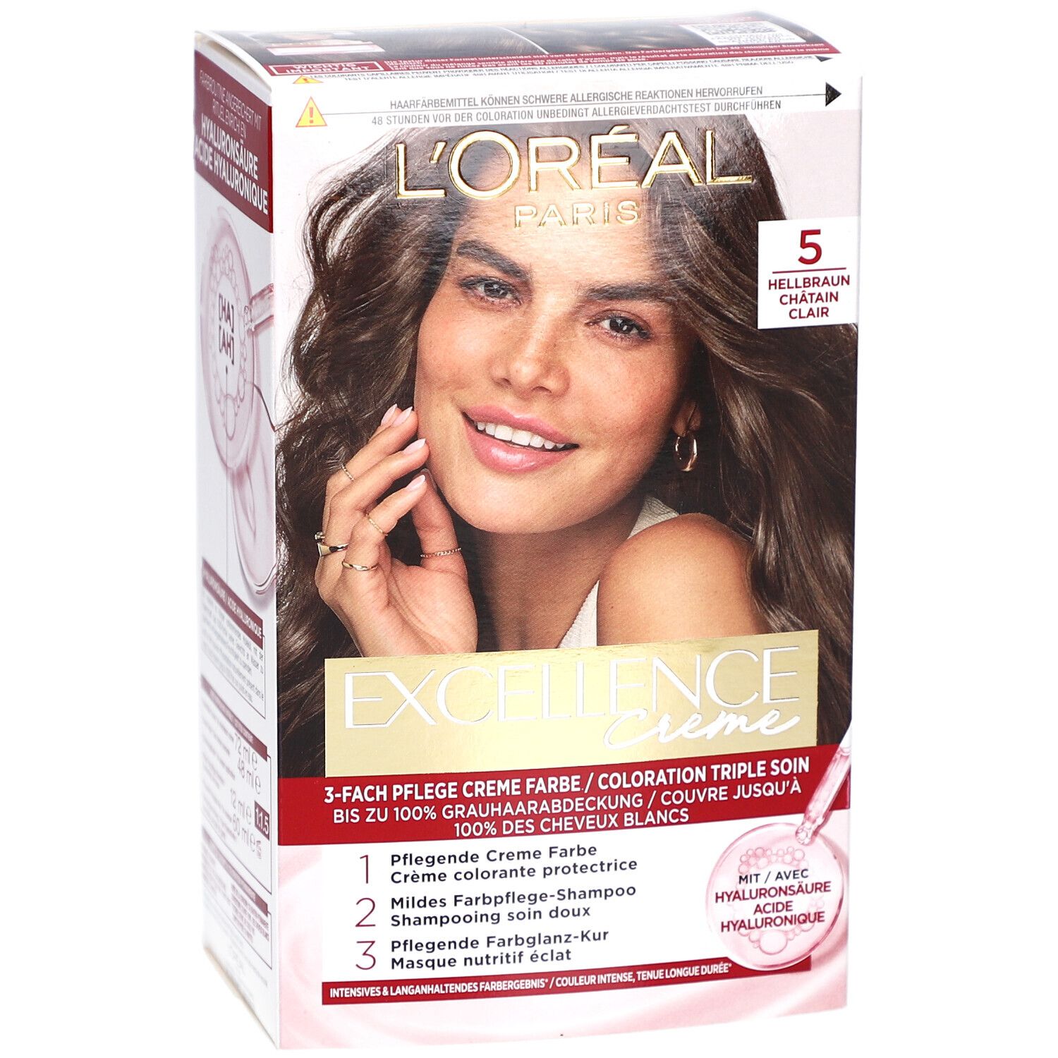 Boîte L'Oréal Paris Excellence Crème. Femme avec résultat. Teinte 5, Châtain clair. Triple soin.