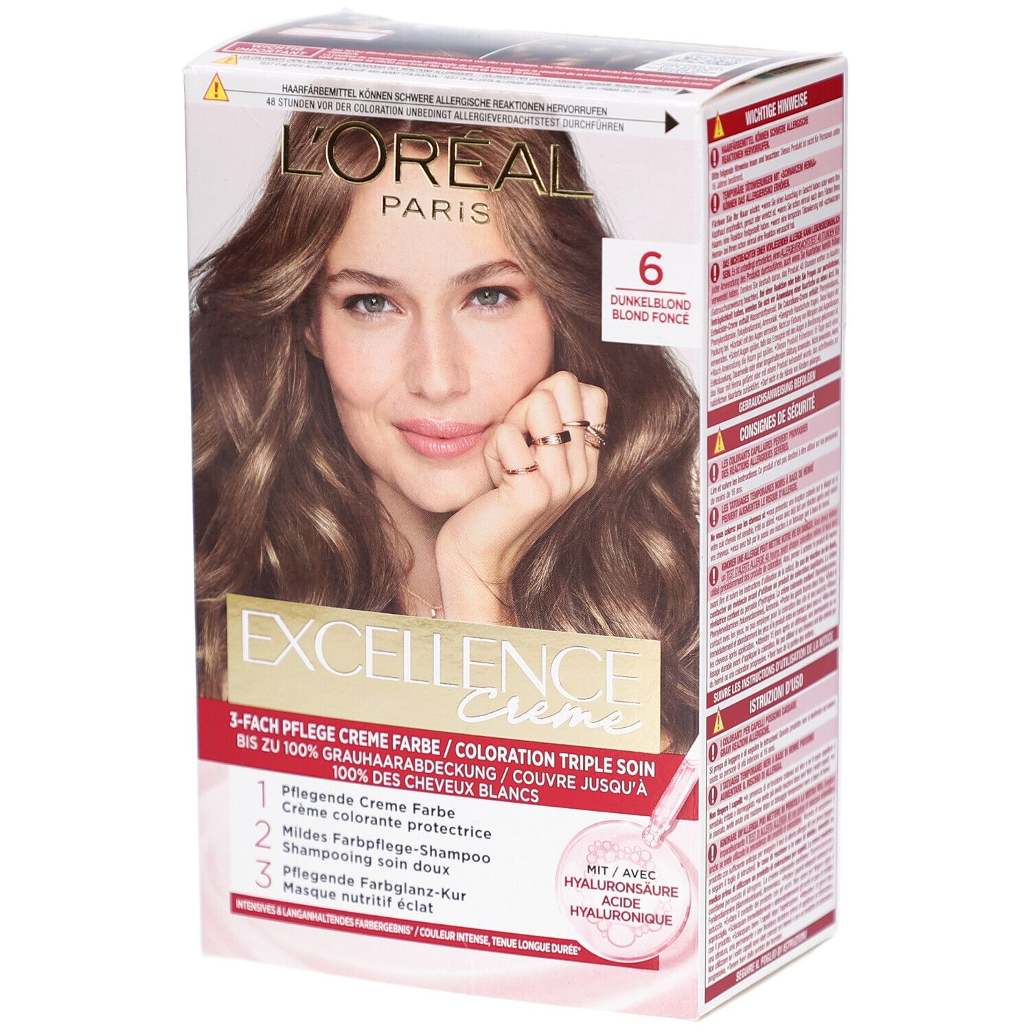 L'Oréal Paris Excellence Crème, teinte 6. Boîte avec femme, image produit et texte. Contient crème, shampooing et masque.