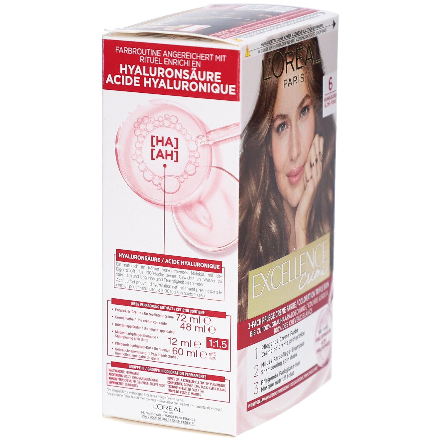 Dos de la boîte L'Oréal Paris Excellence Crème. Contient des informations sur les ingrédients et l'utilisation. Avec acide hyaluronique.