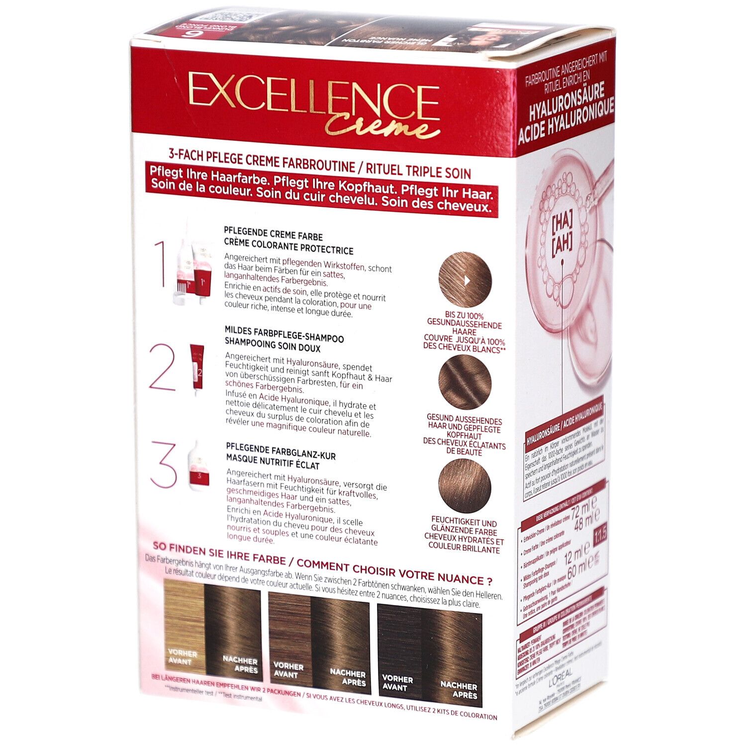 Côté de la boîte L'Oréal Paris Excellence Crème. Contient des informations sur le produit et des exemples de couleurs. Avec acide hyaluronique.