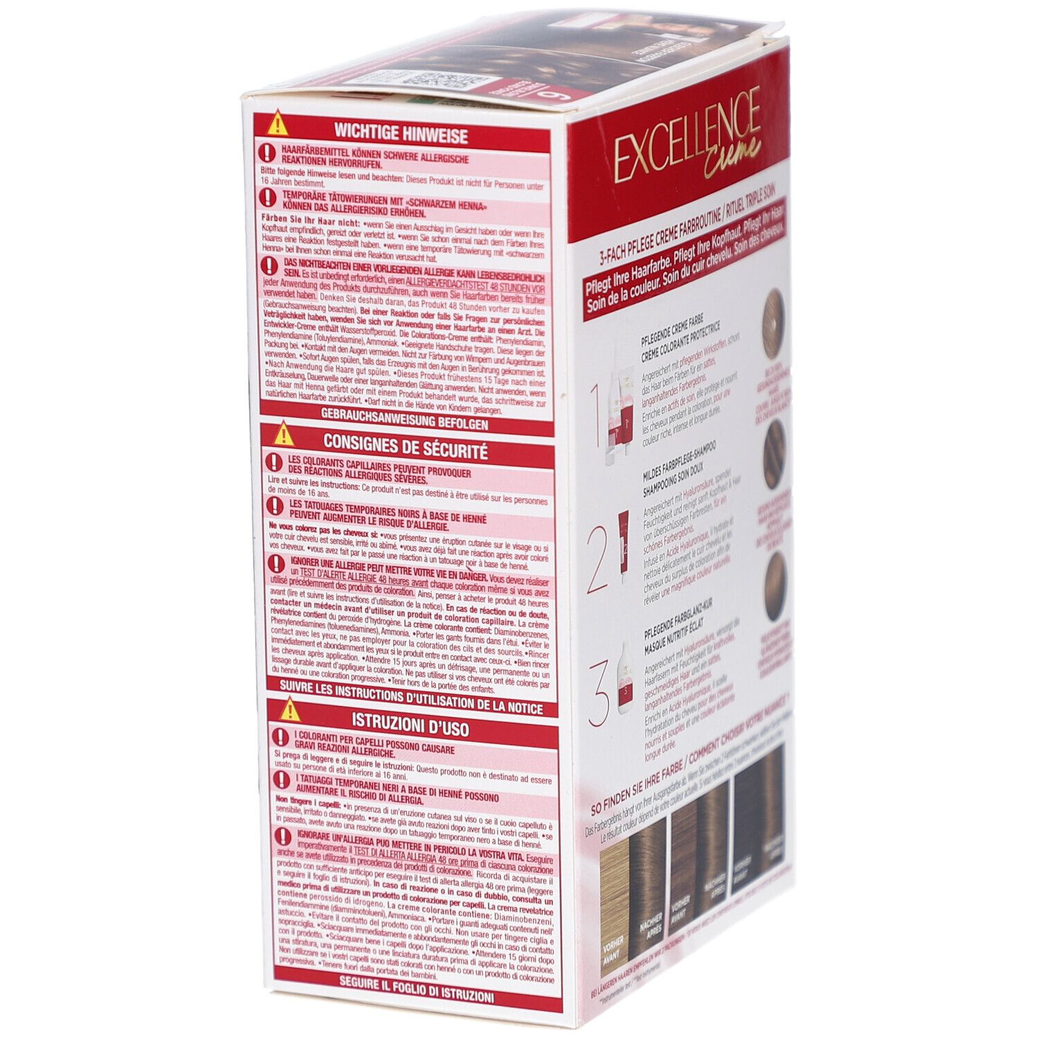 Côté de la boîte L'Oréal Paris Excellence Crème. Contient des avertissements, des consignes de sécurité et des instructions d'utilisation.