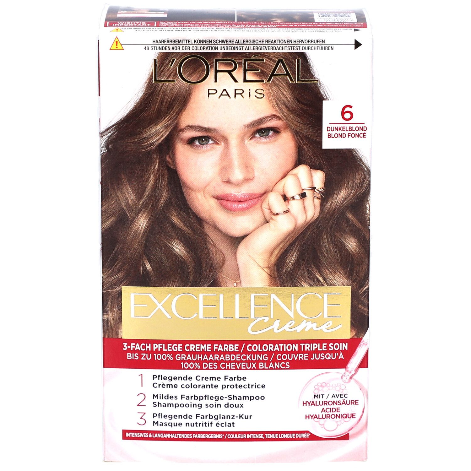 L'Oréal Paris Excellence Crème, teinte 6. Boîte avec femme, image produit et texte. Contient crème, shampooing et masque.