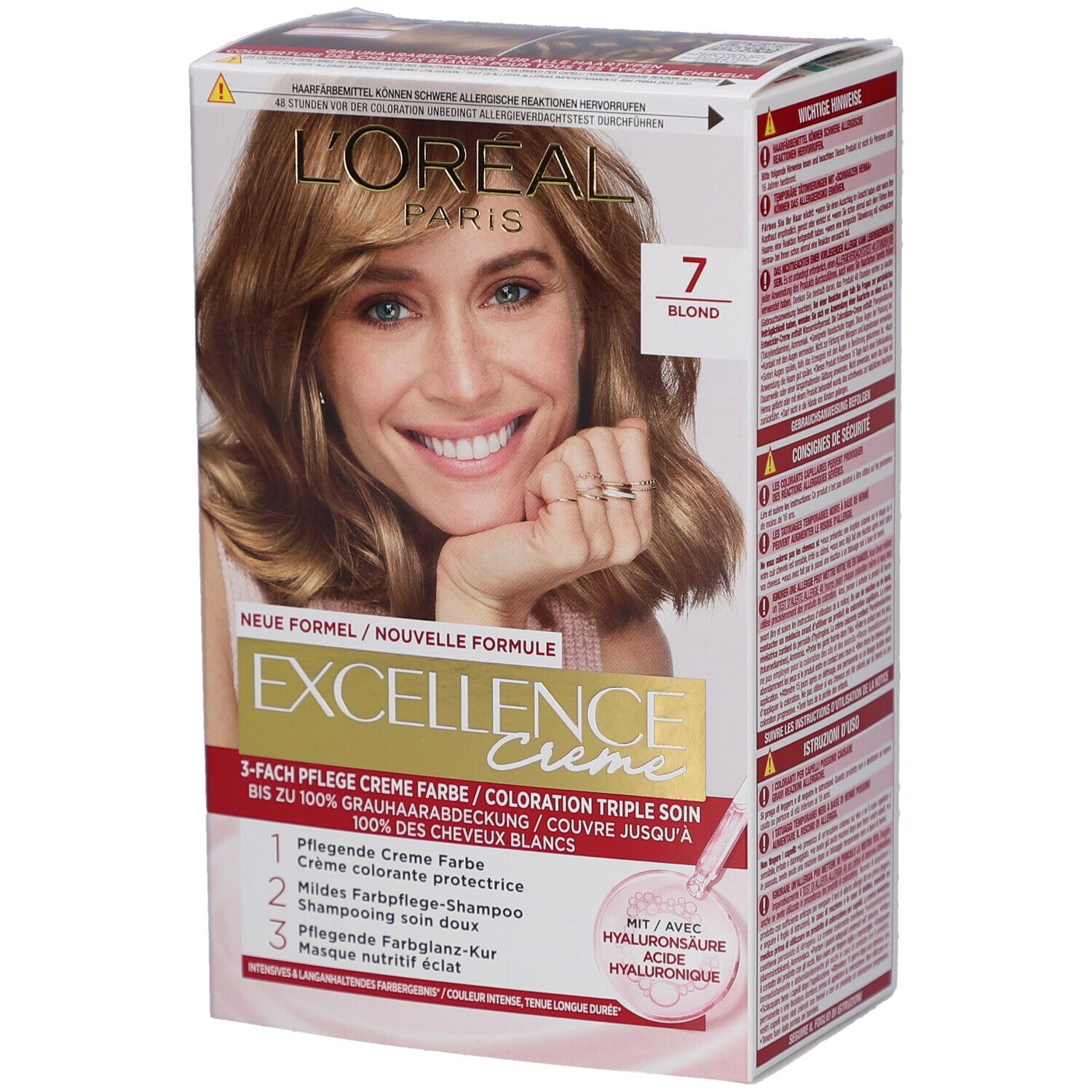 Boîte de coloration capillaire L'Oréal Paris Excellence Crème 7 Blond. Femme blonde sur l'emballage. Informations produit.