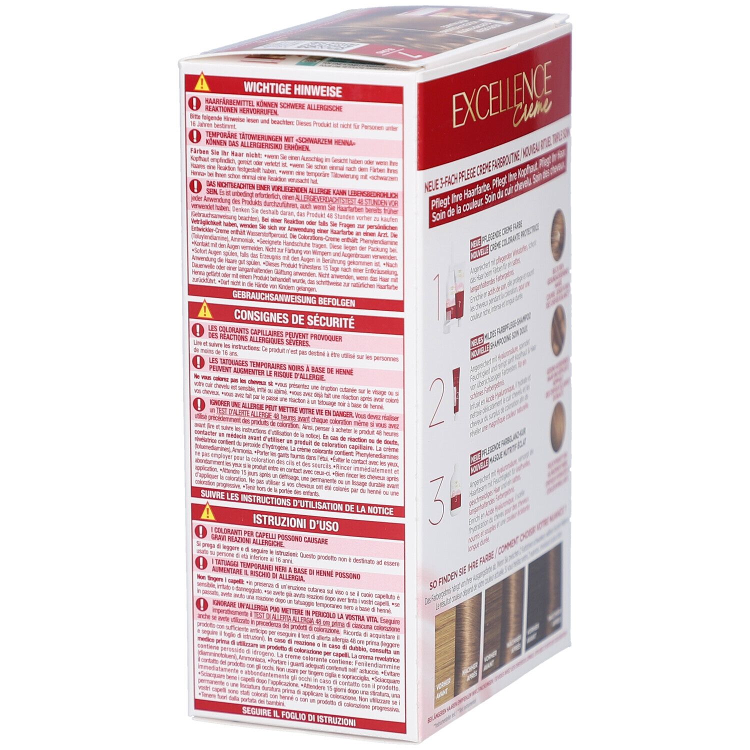 Côté de la boîte de coloration capillaire. L'Oréal Paris Excellence Crème. Avertissements et mode d'emploi. Sélection de teintes.
