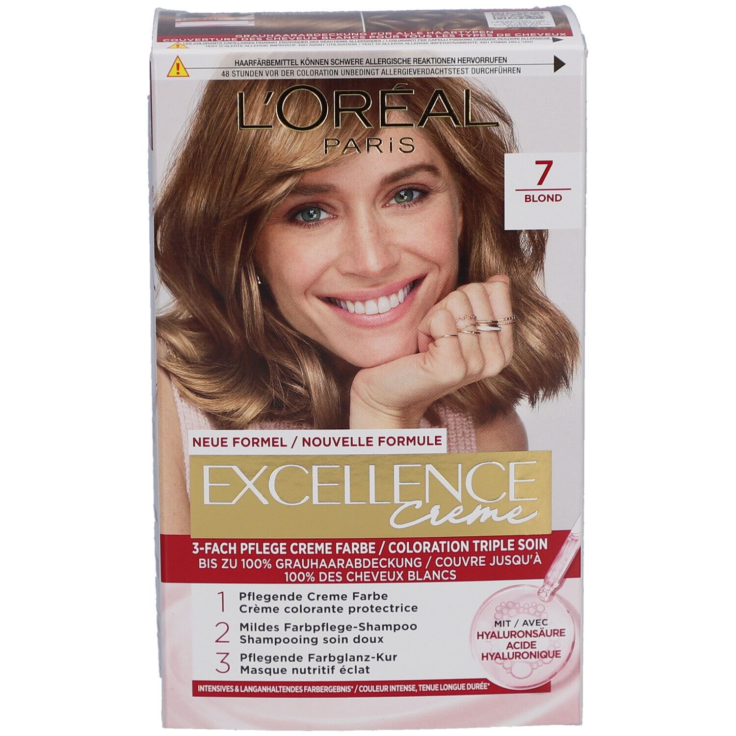 Boîte de coloration capillaire L'Oréal Paris Excellence Crème 7 Blond. Femme blonde sur l'emballage. Informations produit.