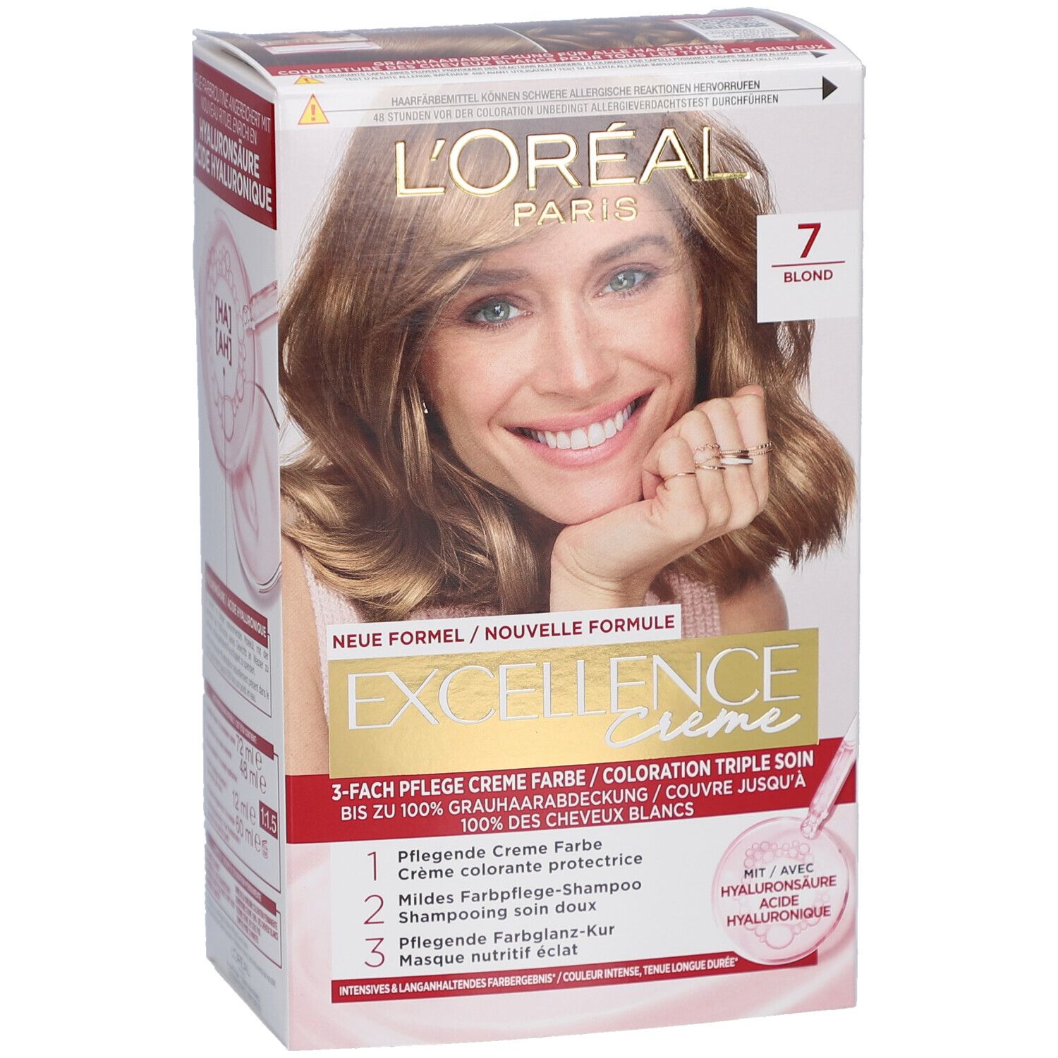 Boîte de coloration capillaire L'Oréal Paris Excellence Crème 7 Blond. Femme blonde sur l'emballage. Informations produit.
