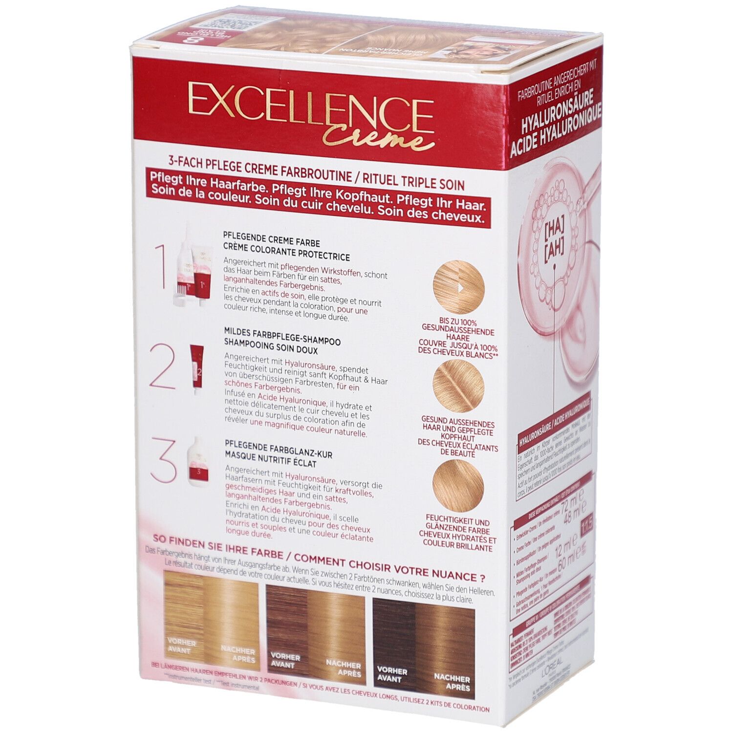 Dos de la boîte L'Oréal Paris Excellence Crème. Informations, choix de couleurs et instructions d'utilisation.