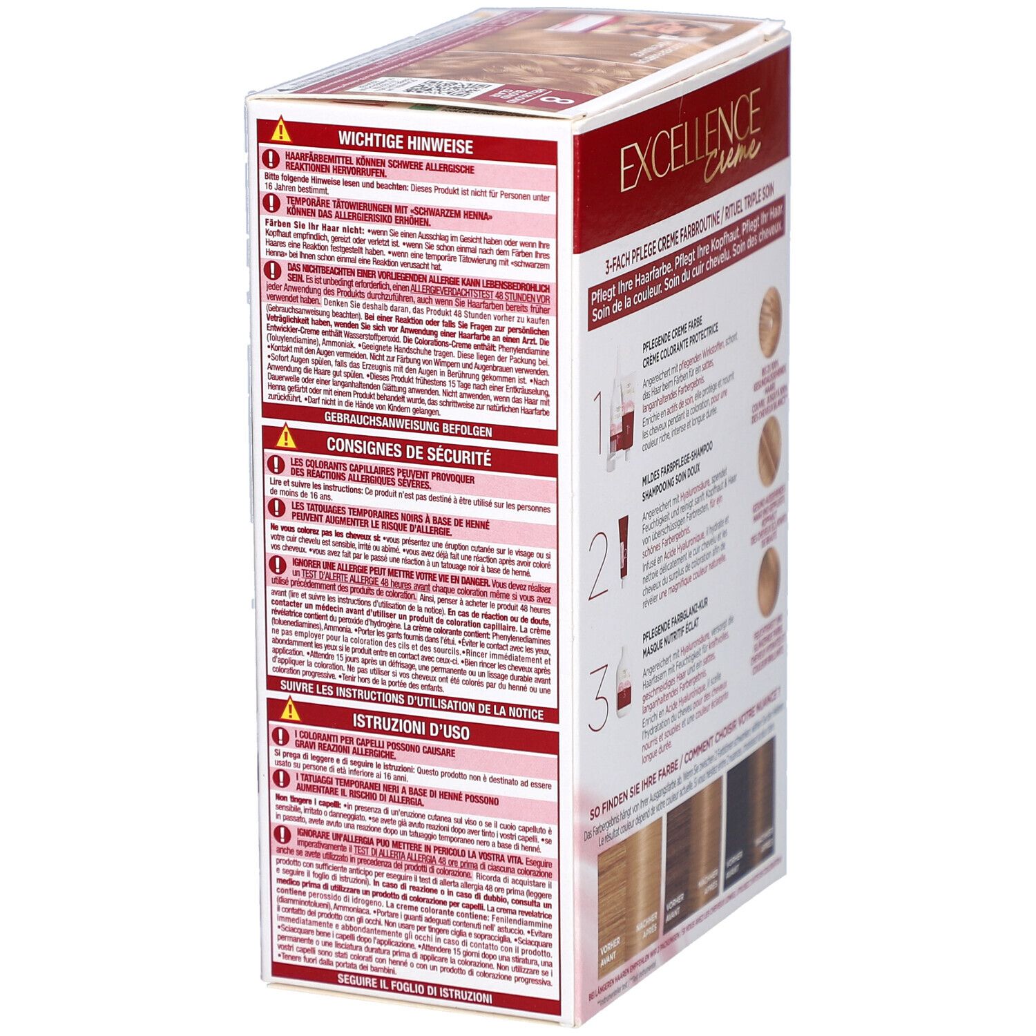 Dos de la boîte L'Oréal Paris Excellence Crème. Instructions, consignes de sécurité et ingrédients.