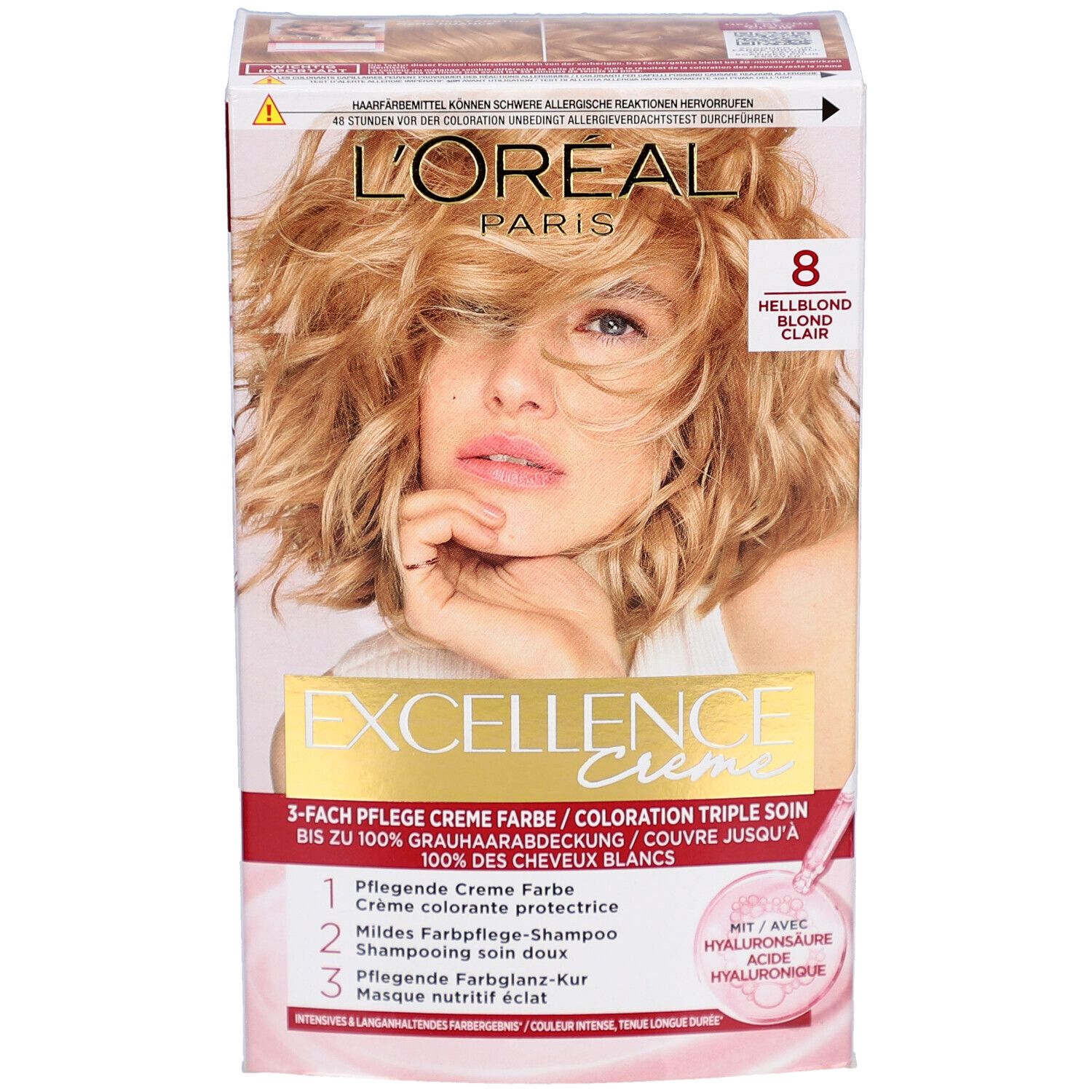Boîte L'Oréal Paris Excellence Crème. Blond clair 8. Femme blonde. Soin triple action. Avec acide hyaluronique.
