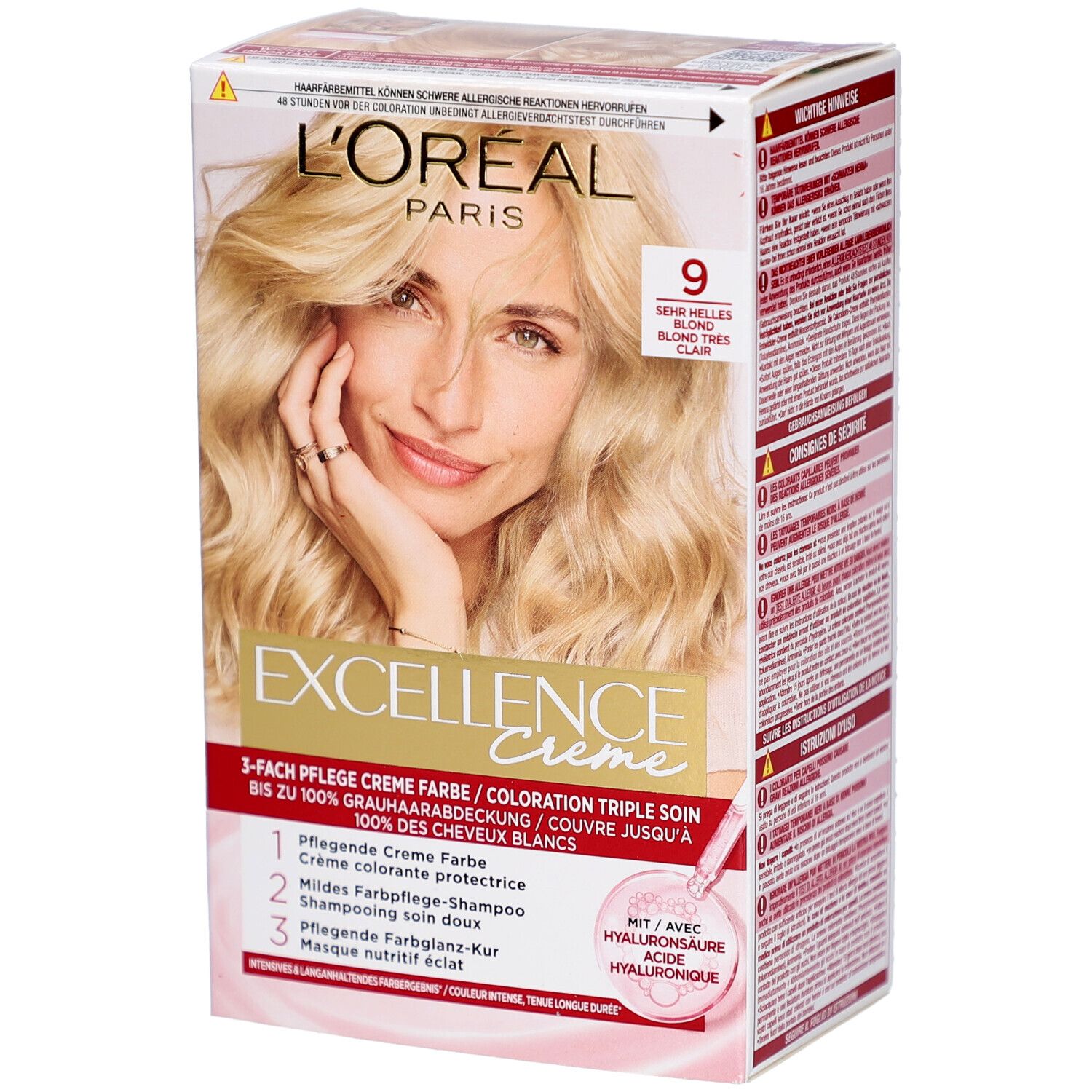 L'Oréal Paris Excellence Crème. Boîte de coloration blonde, numéro 9. Triple soin. Femme blonde. Contient de l'acide hyaluronique.