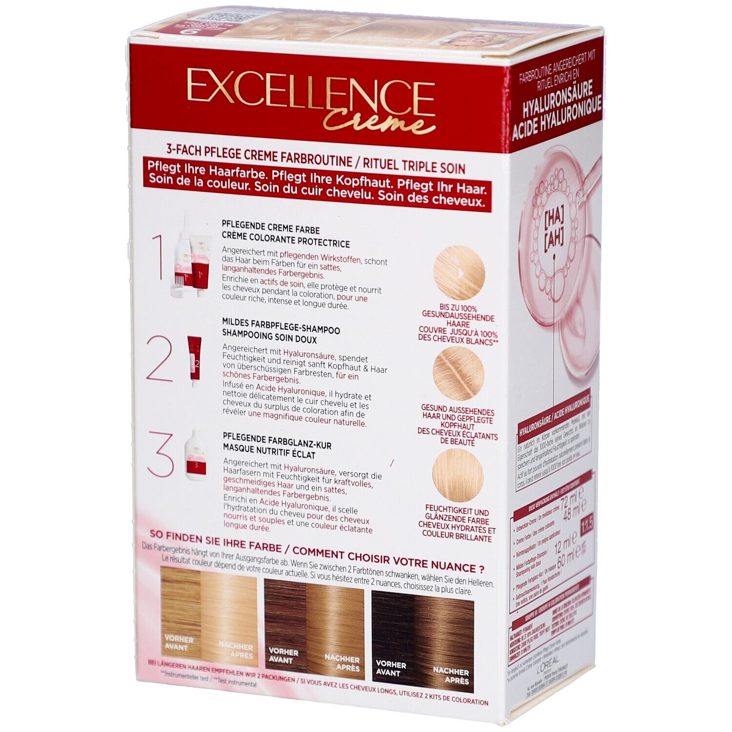 L'Oréal Paris Excellence Crème. Boîte, dos avec détails d'application. Triple soin. Routine couleur. Nuances de couleur.