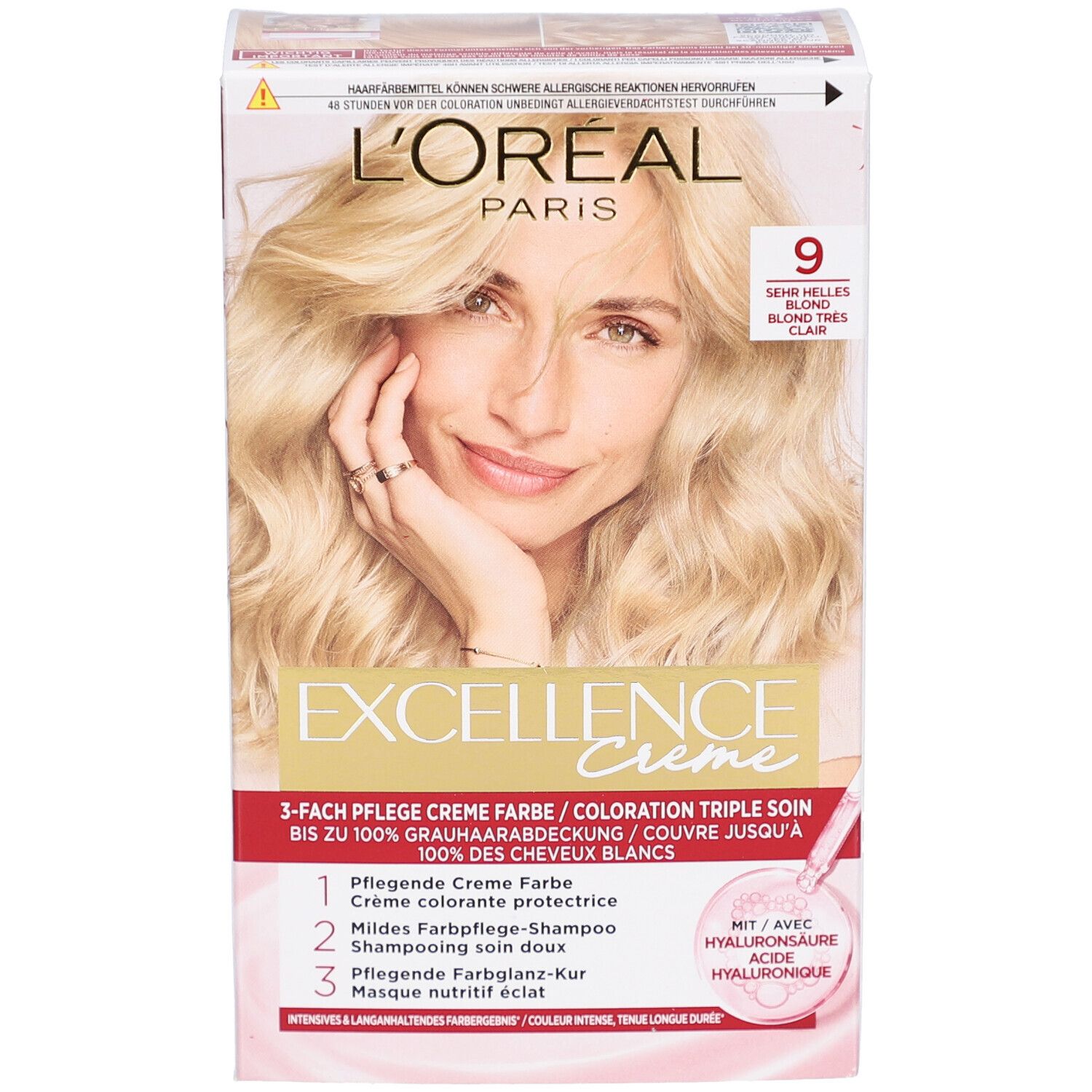 L'Oréal Paris Excellence Crème. Boîte de coloration blonde, numéro 9. Triple soin. Femme blonde. Contient de l'acide hyaluronique.