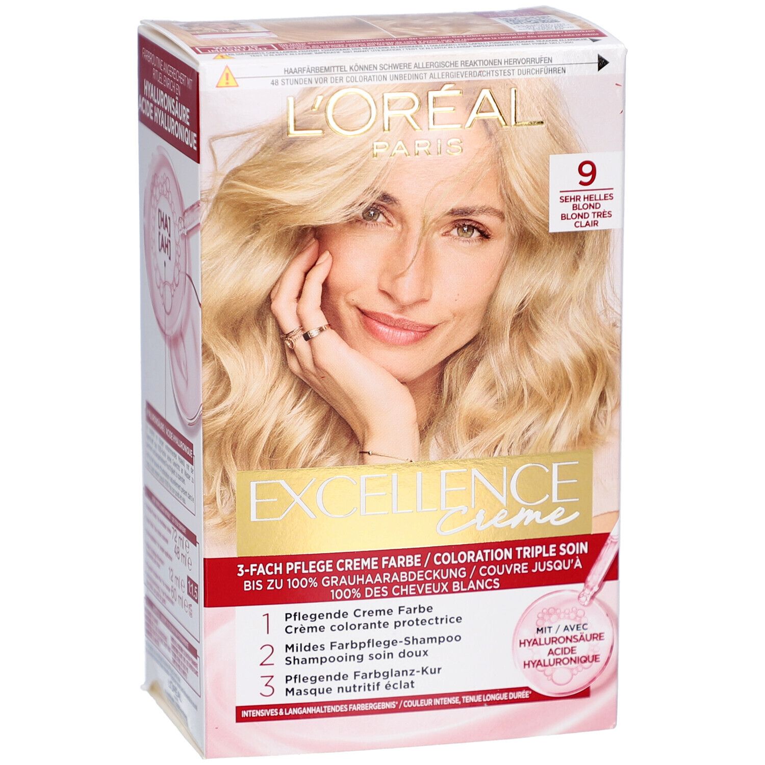 L'Oréal Paris Excellence Crème. Boîte de coloration blonde, numéro 9. Triple soin. Femme blonde. Contient de l'acide hyaluronique.