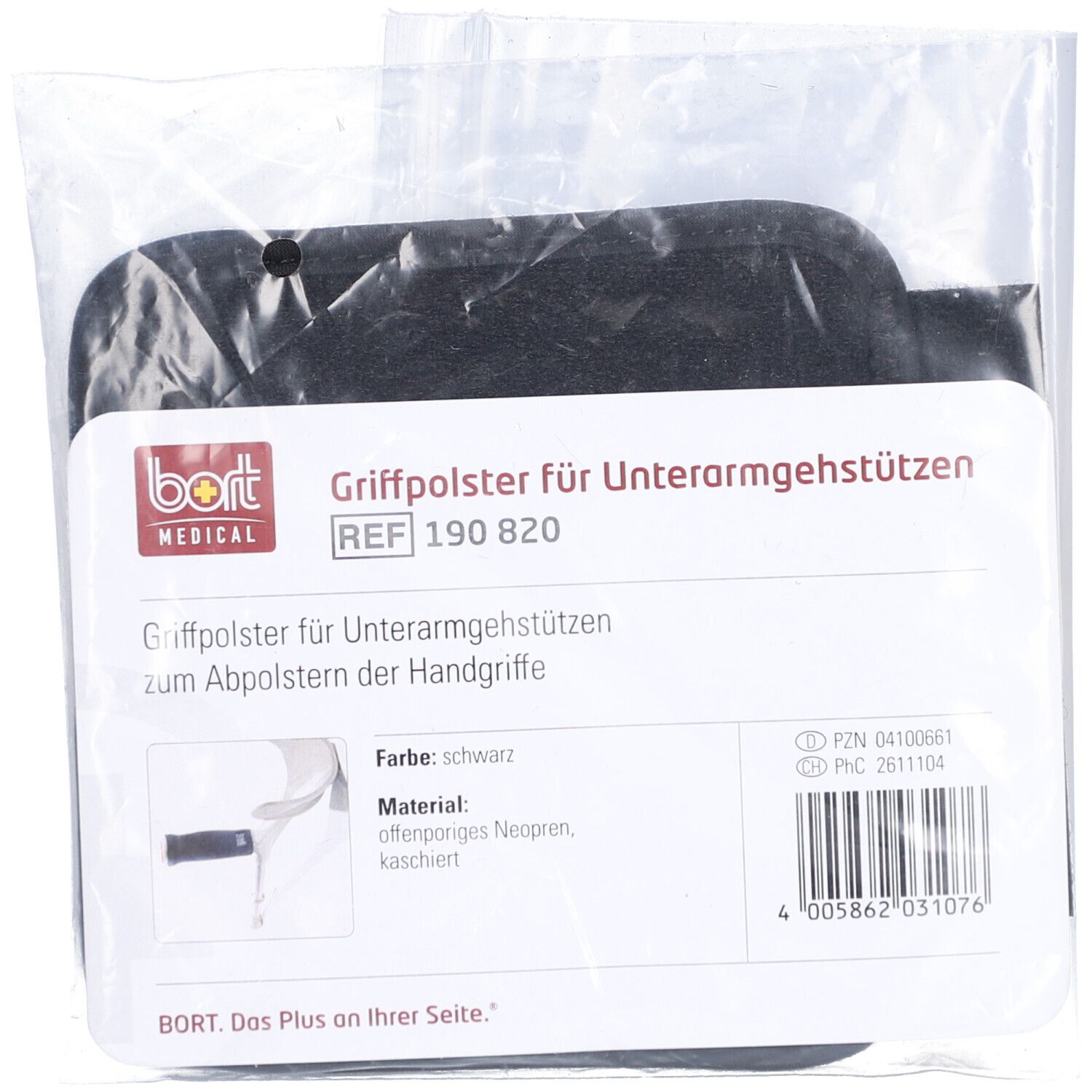 Schwarzes Griffpolster in Plastikverpackung mit Etikett. Text: Griffpolster für Unterarmgehstützen, Art. Nr. 190 820, Farbe: schwarz, Material: Neopren.