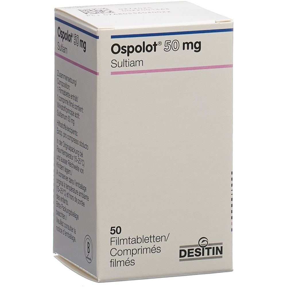 Boîte en carton avec informations produit. OSPOLOT Filmtabl 50 mg Ds 50 Stk. Inscriptions visibles sur l'emballage.