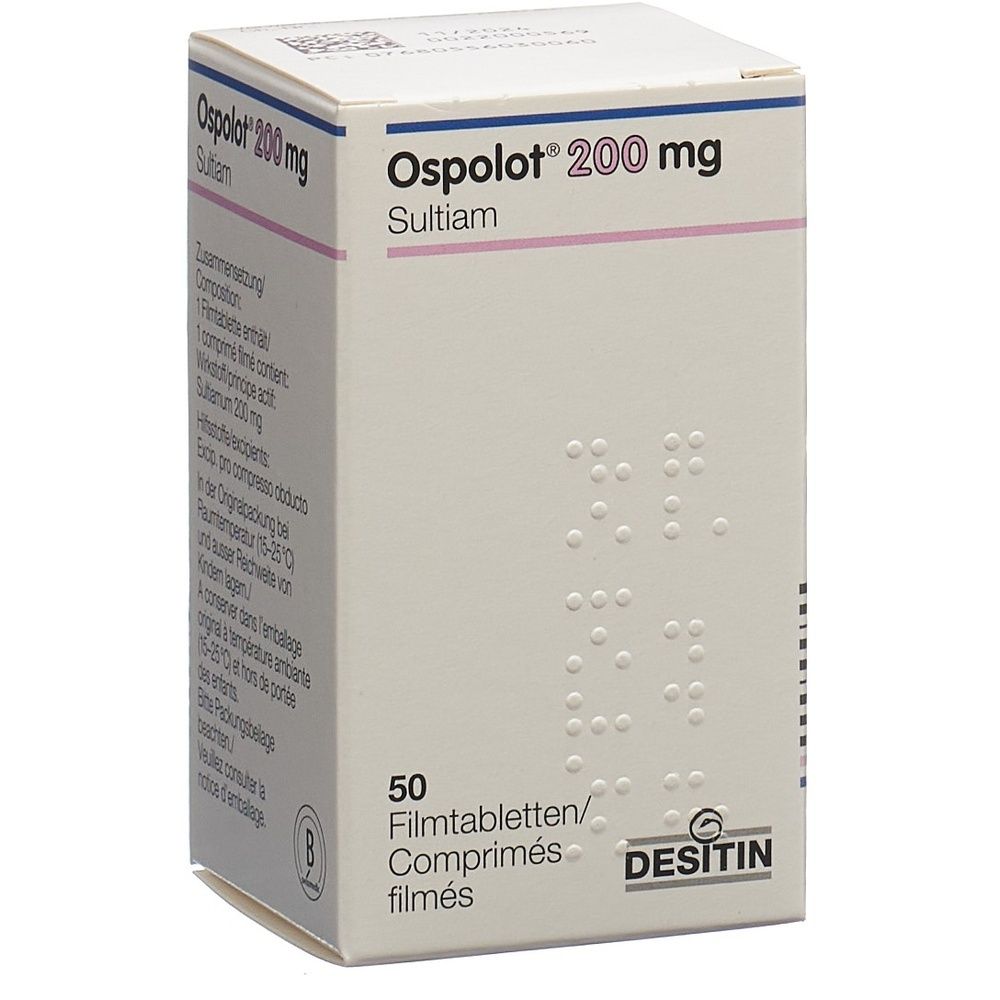 Boîte en carton. Inscription: OSPOLOT Filmtabl 200 mg Ds 50 Stk. Forme rectangulaire, couleur claire. Emballage du produit.