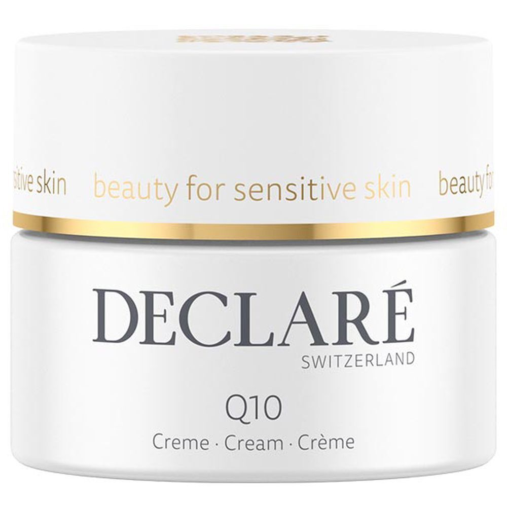 Pot blanc, bord doré. DECLARÉ, Q10 Crème. Inscription: beauty for sensitive skin.