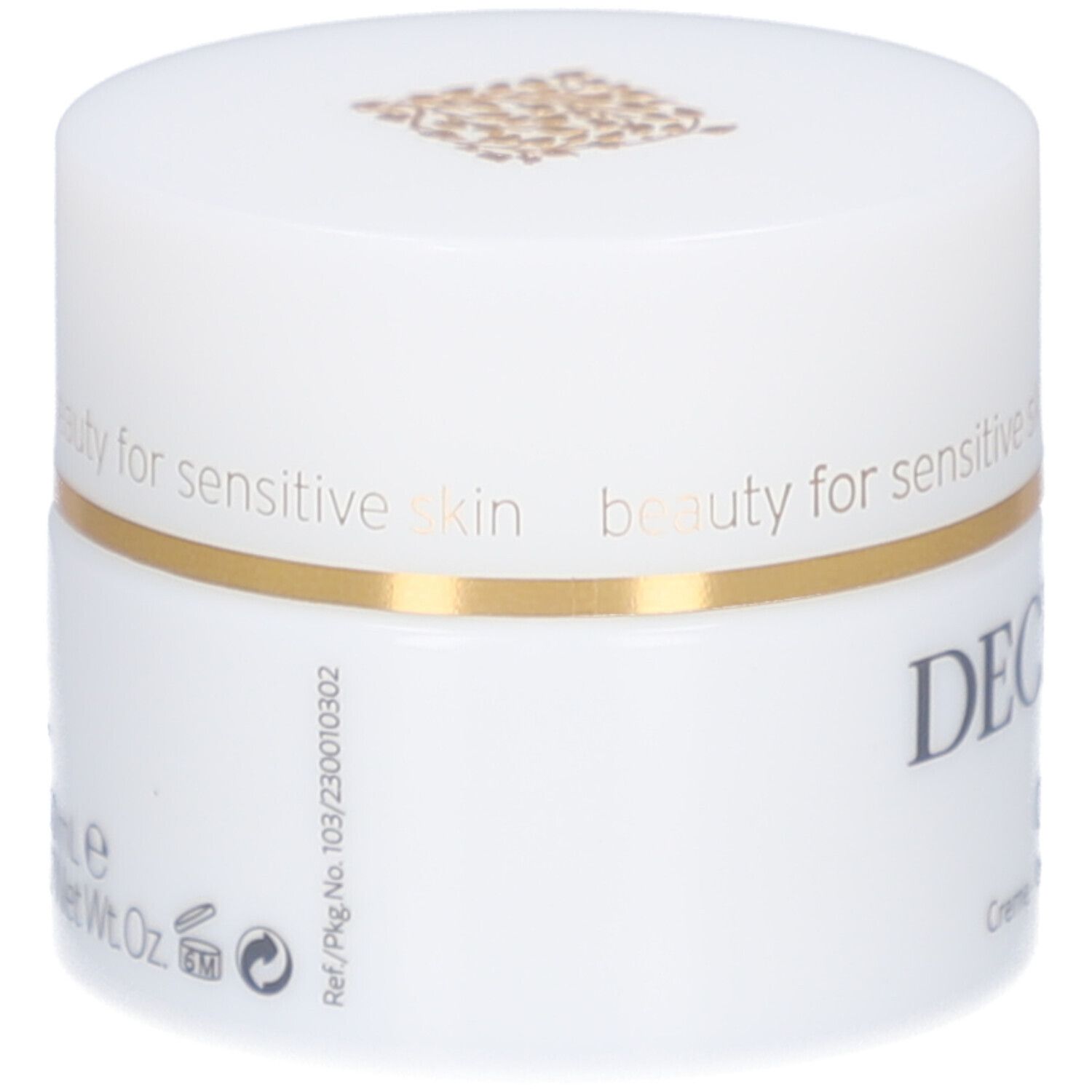 Pot blanc, bord doré. DECLARÉ, Q10 Crème. Inscription: beauty for sensitive skin.