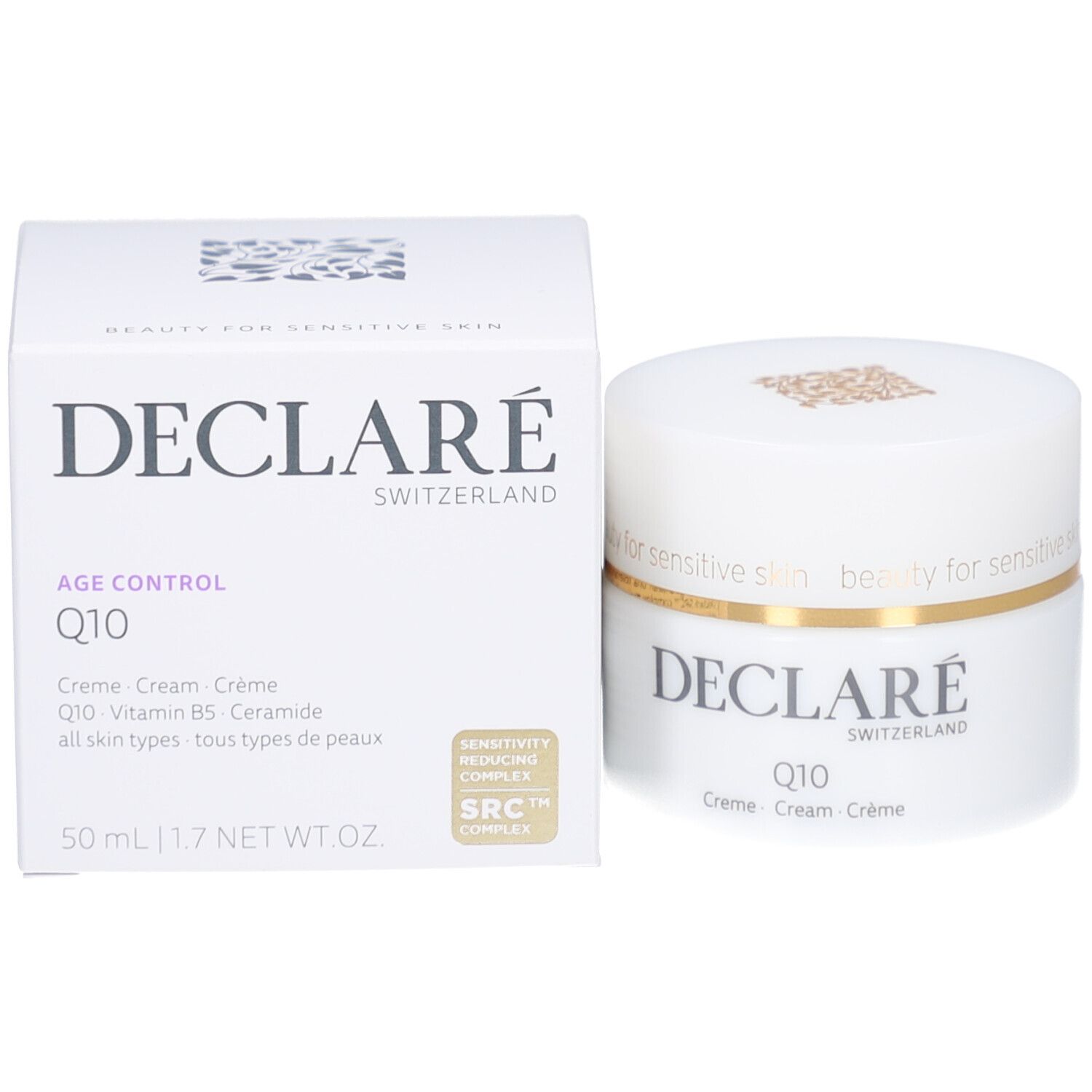 Pot blanc, bord doré. DECLARÉ, Q10 Crème. Inscription: beauty for sensitive skin.