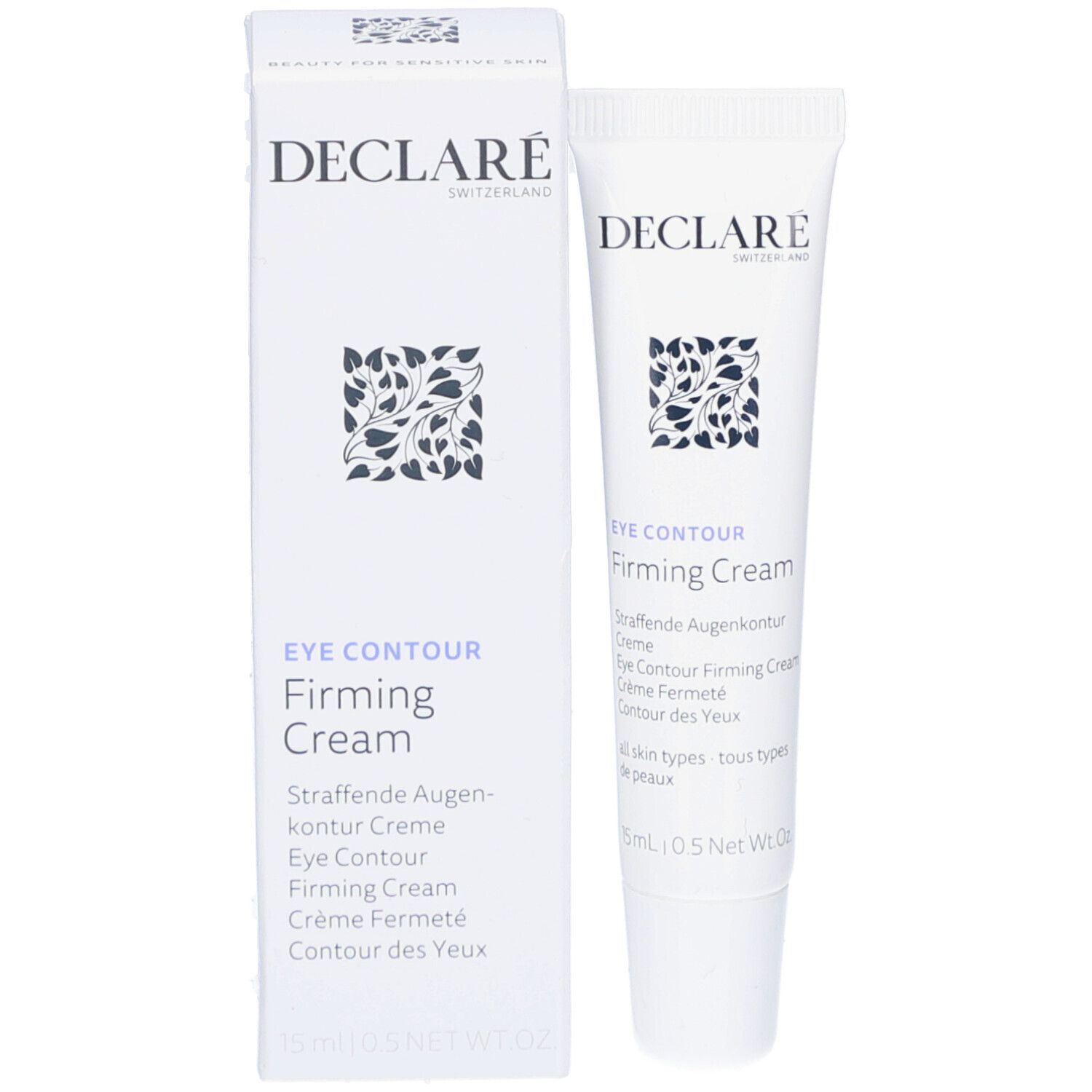 Produktverpackung: Tube und Schachtel. DECLARE-Logo, EYE CONTOUR Firming Cream. 15 ml.