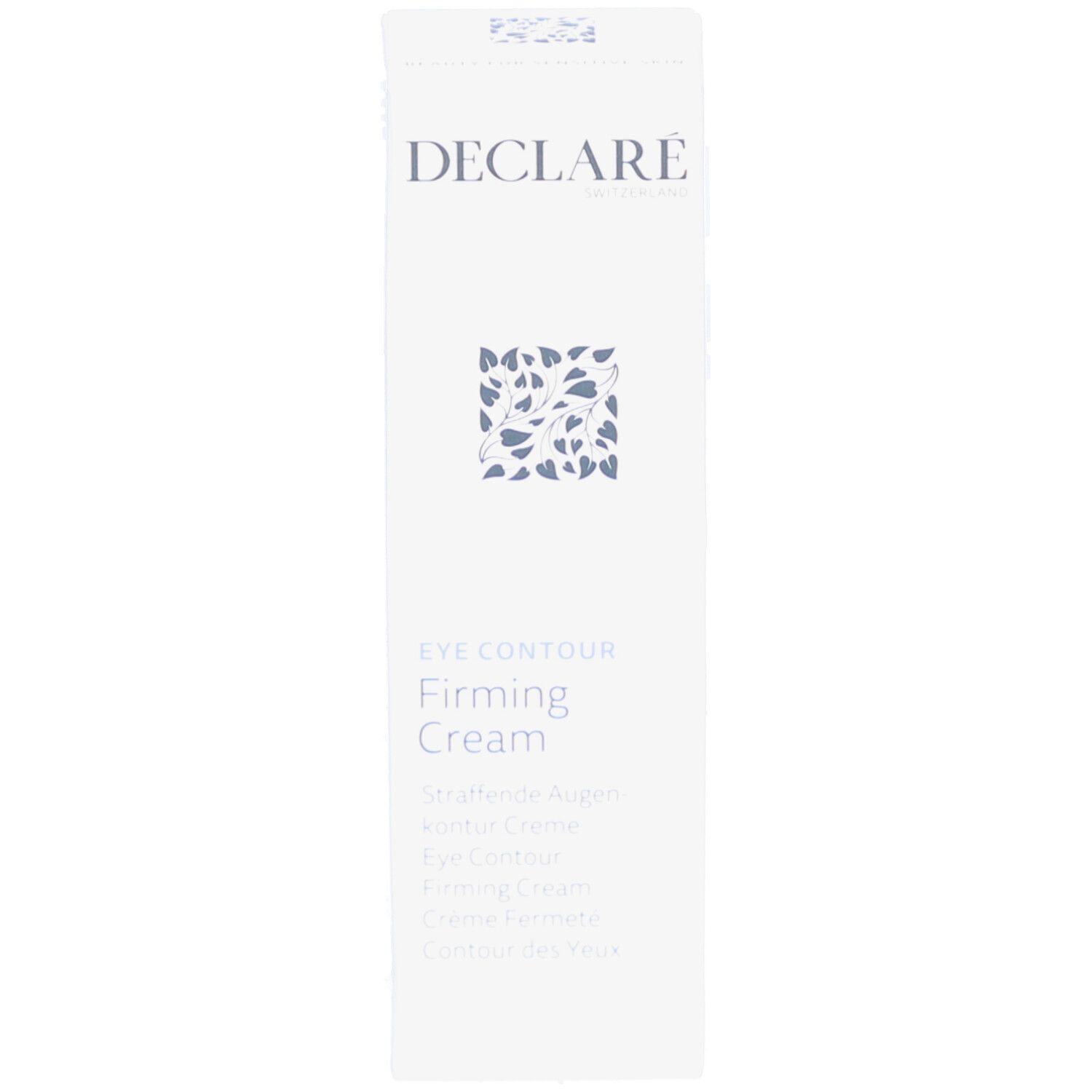 Weiße Schachtel mit DECLARE-Logo und floralem Muster. Text: EYE CONTOUR Firming Cream. 15 ml.