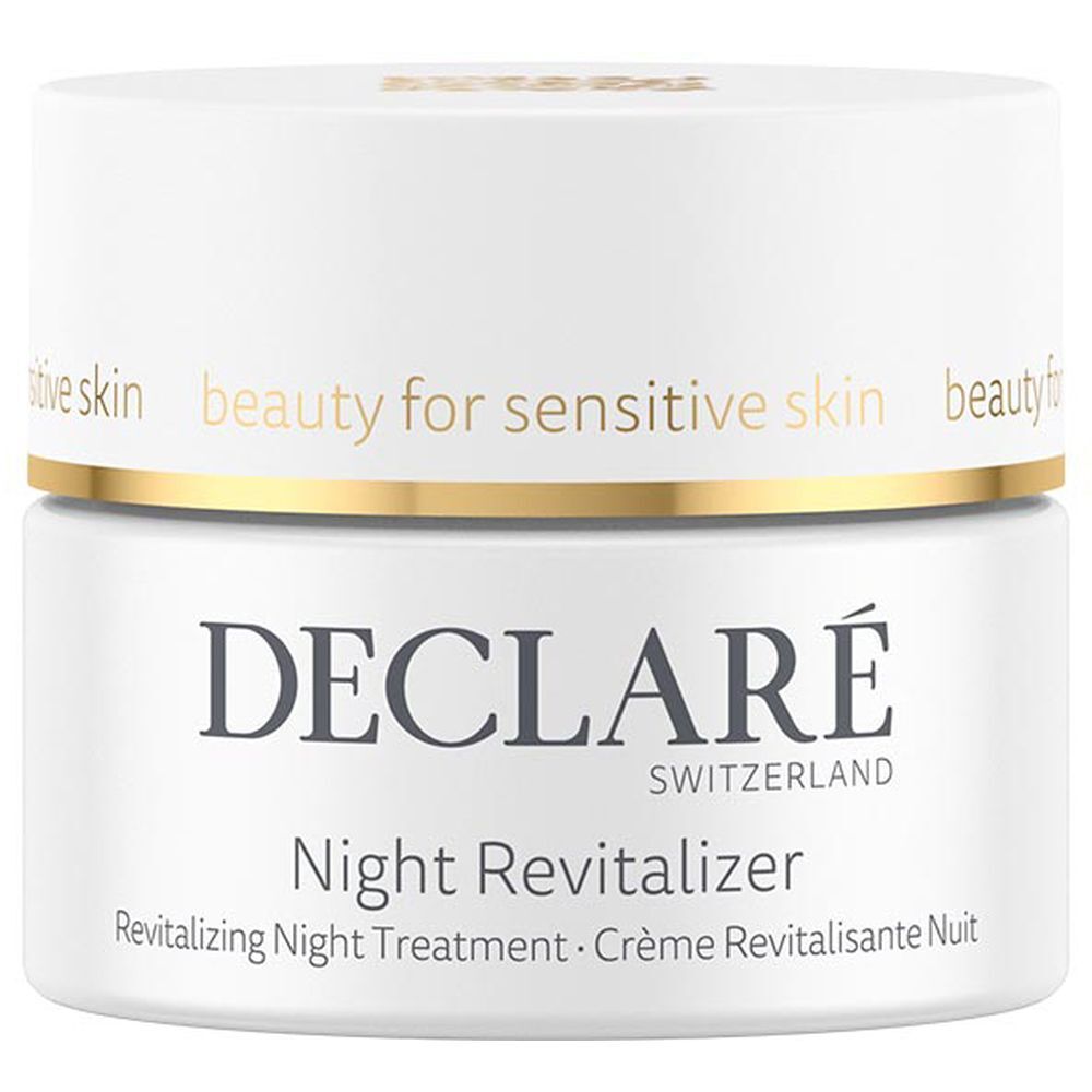 Weißes Tiegel mit goldfarbenem Rand. Aufschrift: DECLARÉ, Night Revitalizer. Text: Revitalizing Night Treatment.