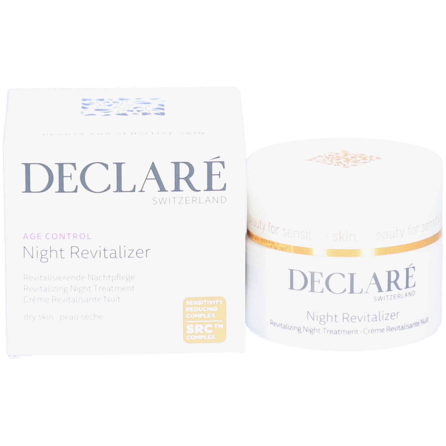 Produktverpackung und Tiegel. Aufschrift: DECLARÉ, Night Revitalizer. Text: Revitalizing Night Treatment. SRC™ Complex.