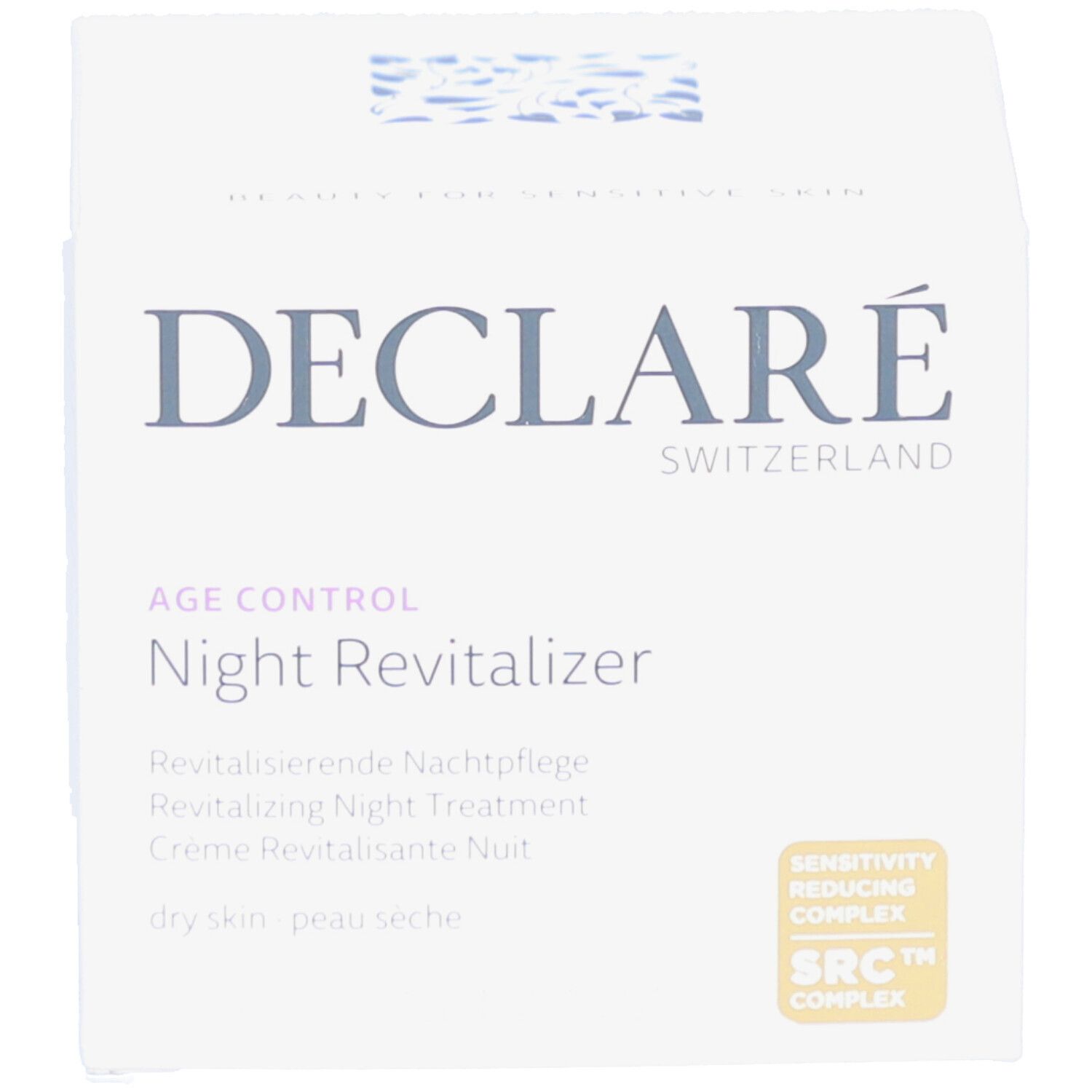 Produktverpackung. Aufschrift: DECLARÉ, Night Revitalizer. Text: Revitalizing Night Treatment. SRC™ Complex.