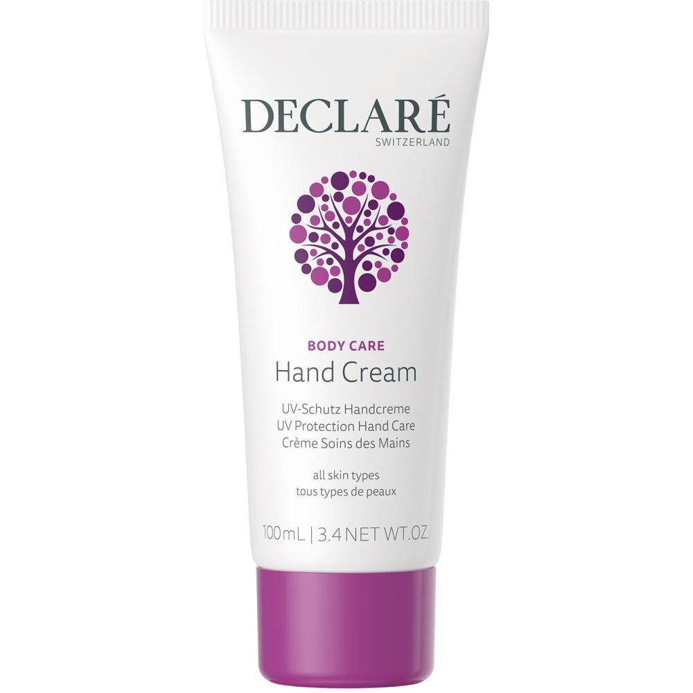 Tube blanche, bouchon violet. Inscription: DECLARÉ, Hand Cream, UV-Schutz Handcreme. 100ml.