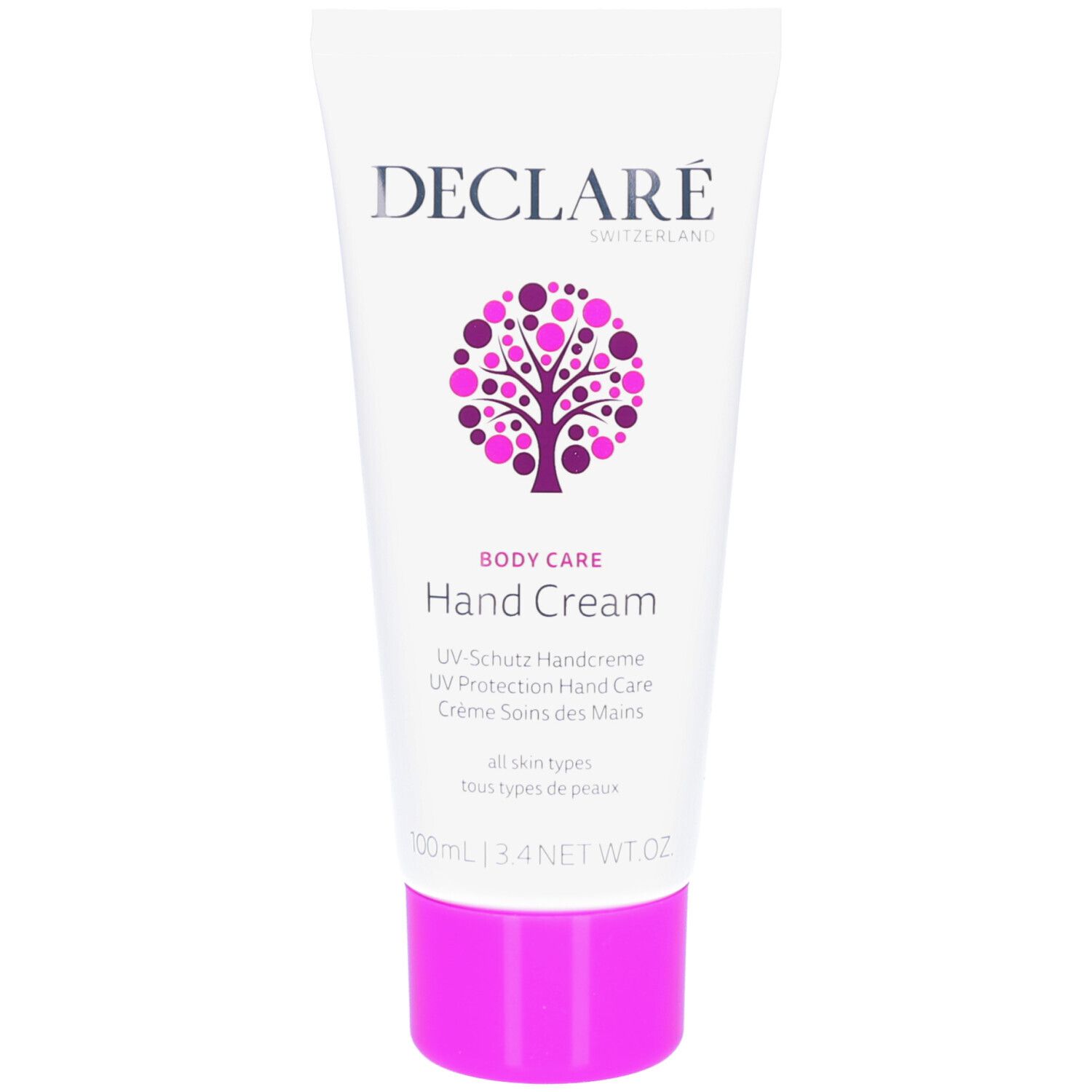 Tube blanc, bouchon violet. DECLARÉ, Hand Cream, UV-Schutz Handcreme. 100ml.