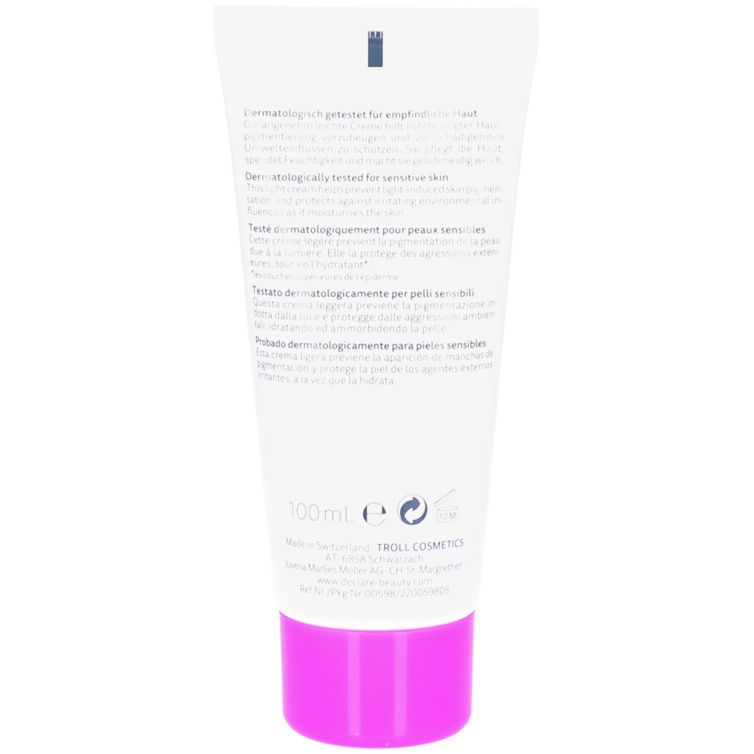 Dos du tube. Texte en allemand, français, italien et espagnol. 100ml.