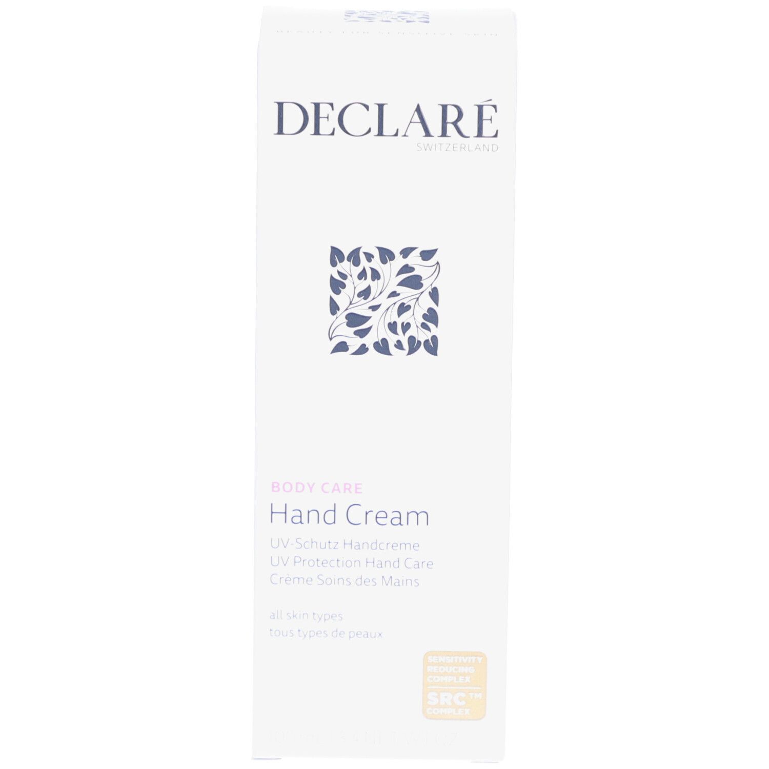 Emballage. DECLARÉ, Hand Cream, UV-Schutz Handcreme. Avec certification.