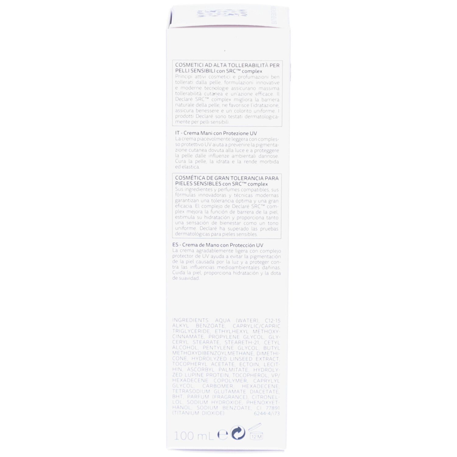 Dos de l'emballage. Texte en allemand, français, italien et espagnol.