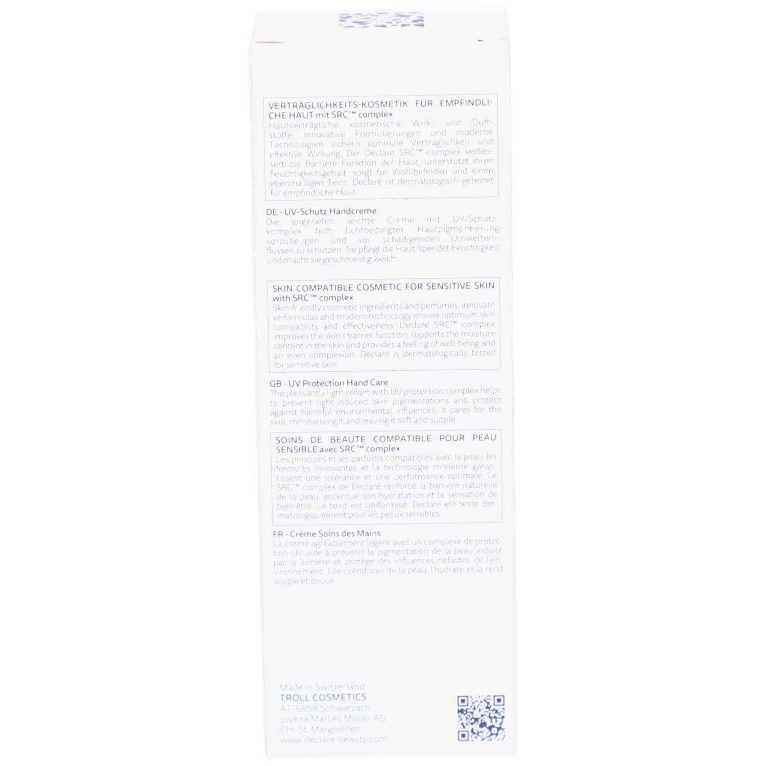 Côté de l'emballage. Texte en allemand, français, italien et espagnol.