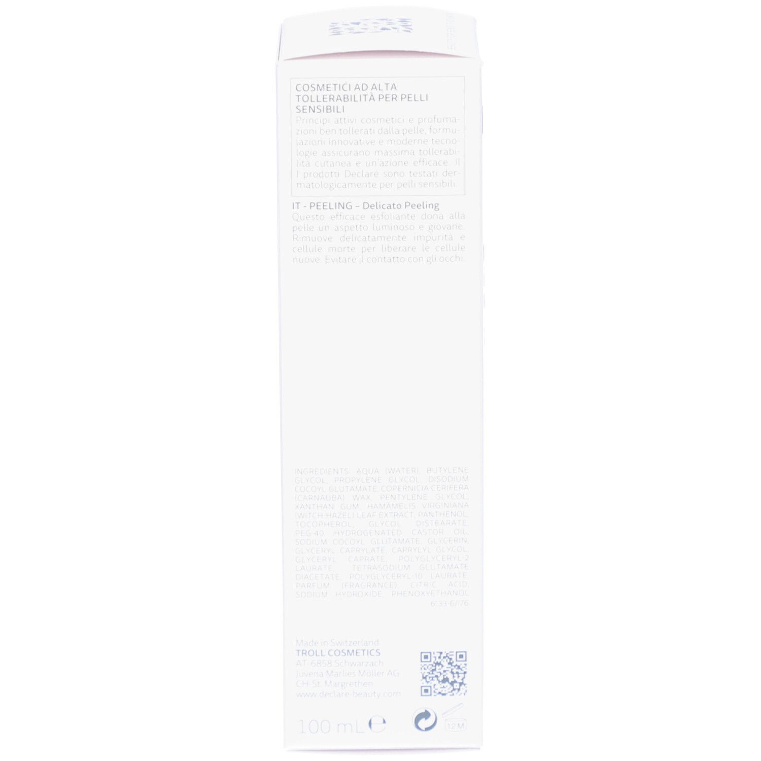 Weiße Schachtel mit Text in verschiedenen Sprachen. DECLARÉ-Logo. Für empfindliche Haut.