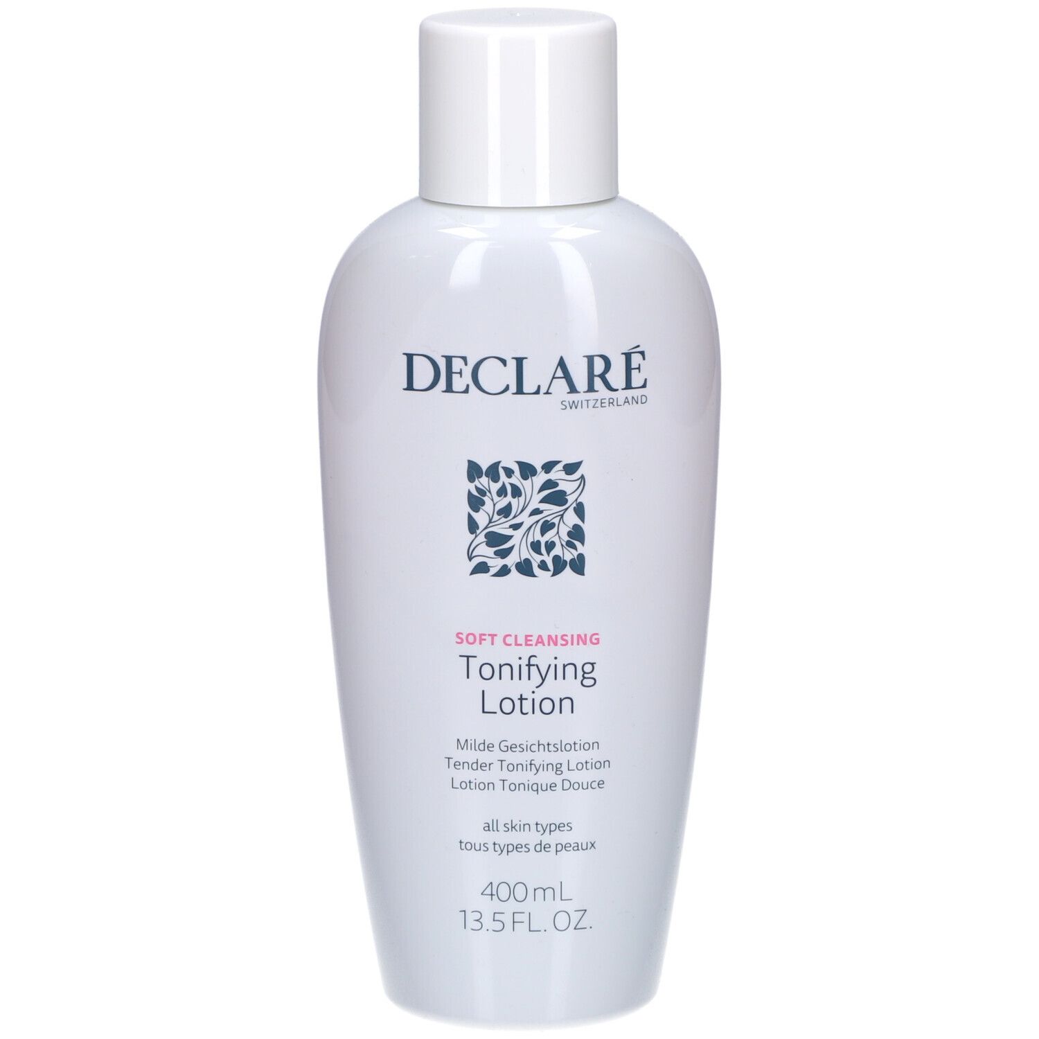 Flacon blanc avec bouchon. Inscription : DECLARÉ SWITZERLAND, logo, Soft Cleansing, Toning Lotion. Texte en allemand, français, italien, néerlandais. 400 ml.