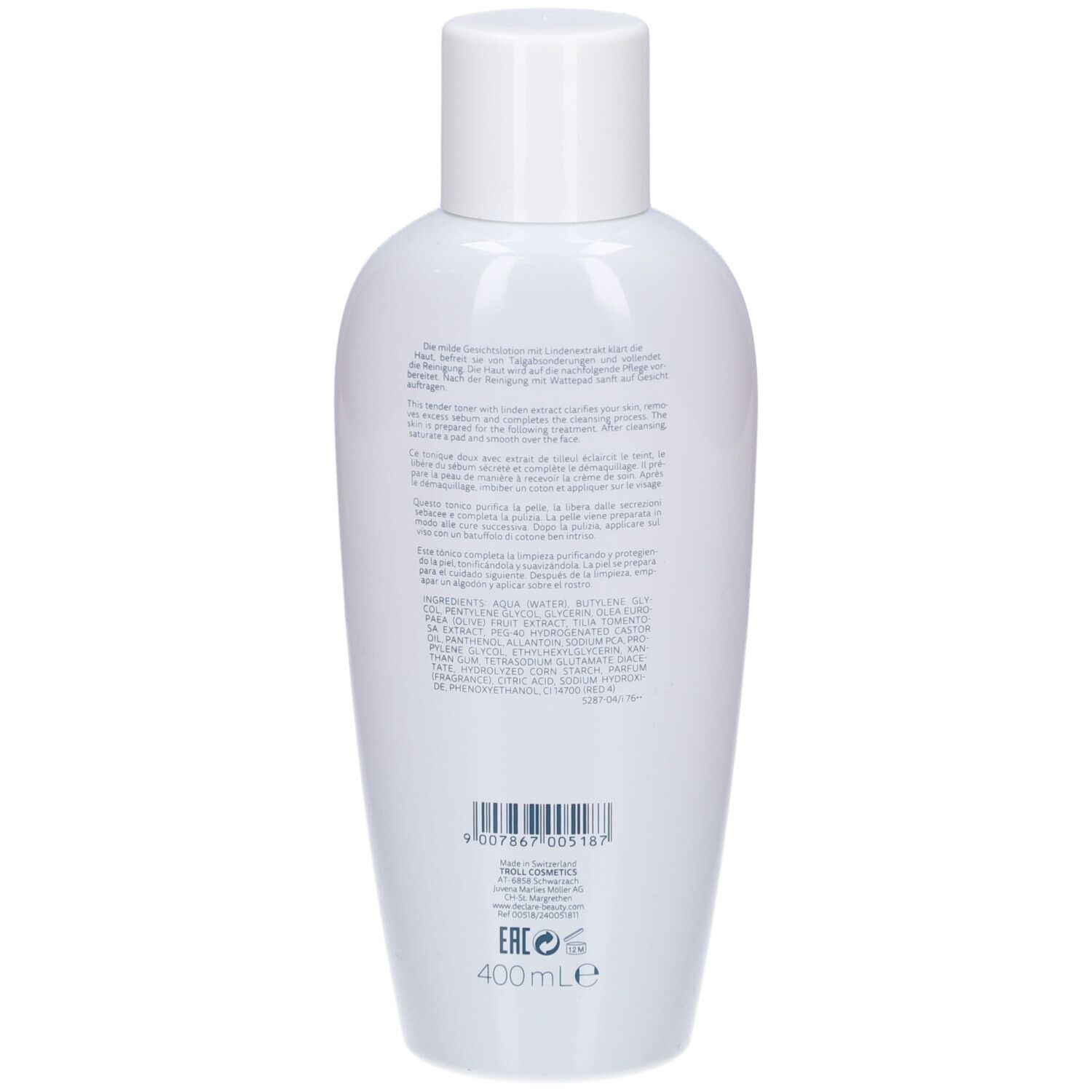 Dos d'un flacon blanc avec bouchon. Texte en plusieurs langues. Code-barres et logo.