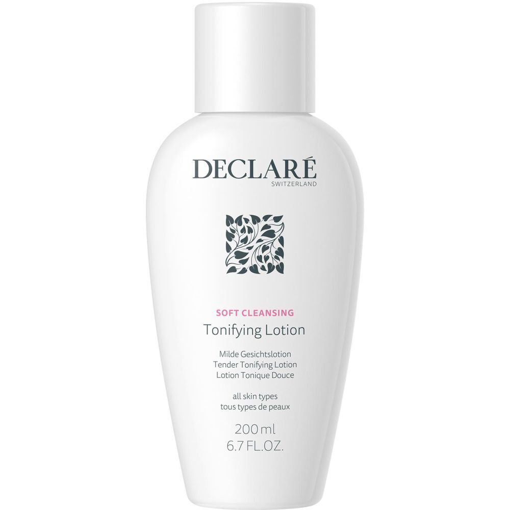 Flacon blanc DECLARÉ Toning Lotion. Inscription : Soft Cleansing, Toning Lotion. 200ml. Pour tous types de peaux.